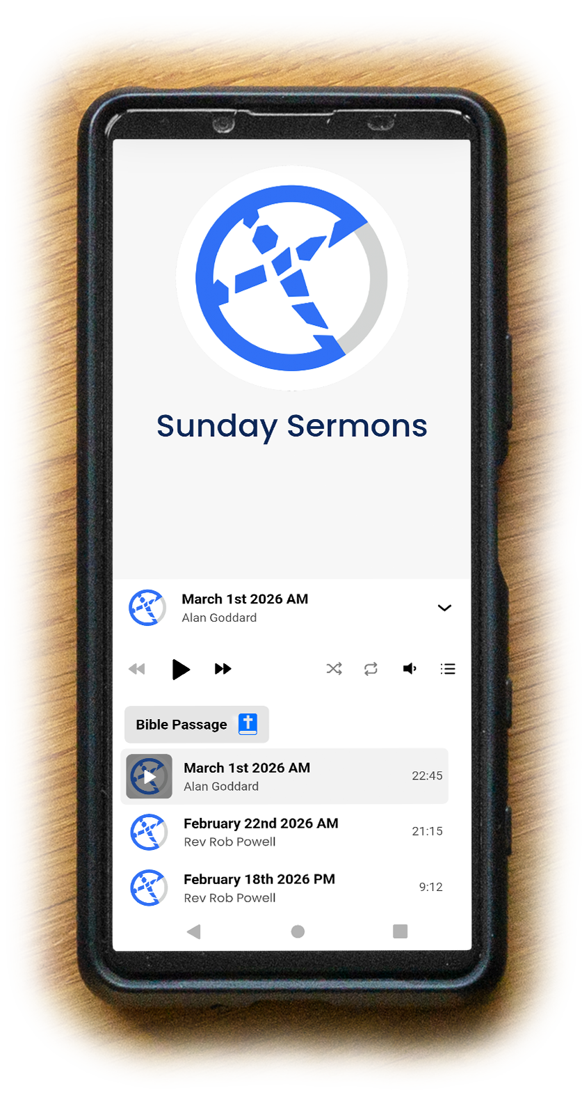 Phone playing the CCO sermon audio player