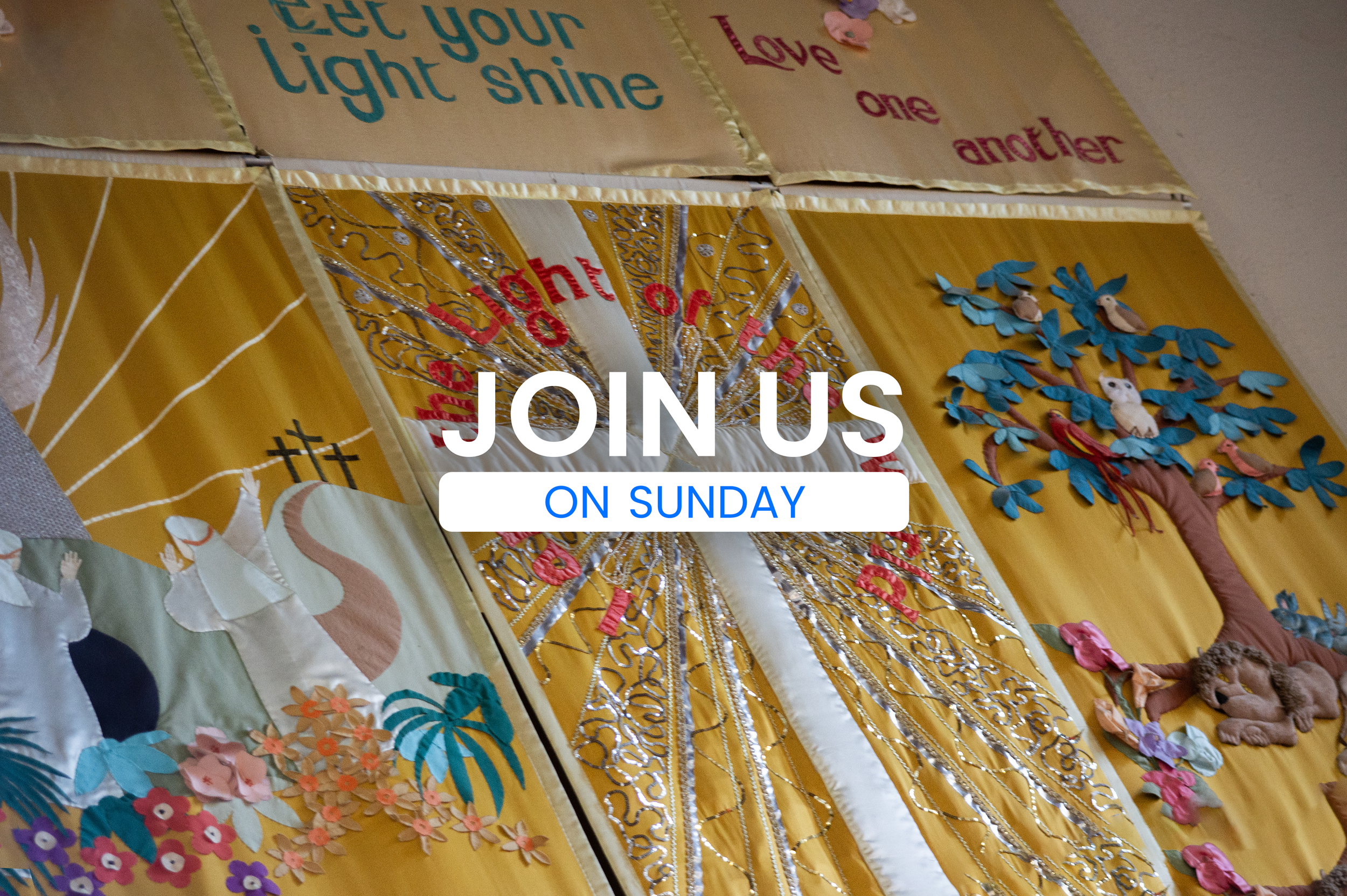 Join Us On Sunday, Tapestry Banner with Cross shepherds, animals and owls