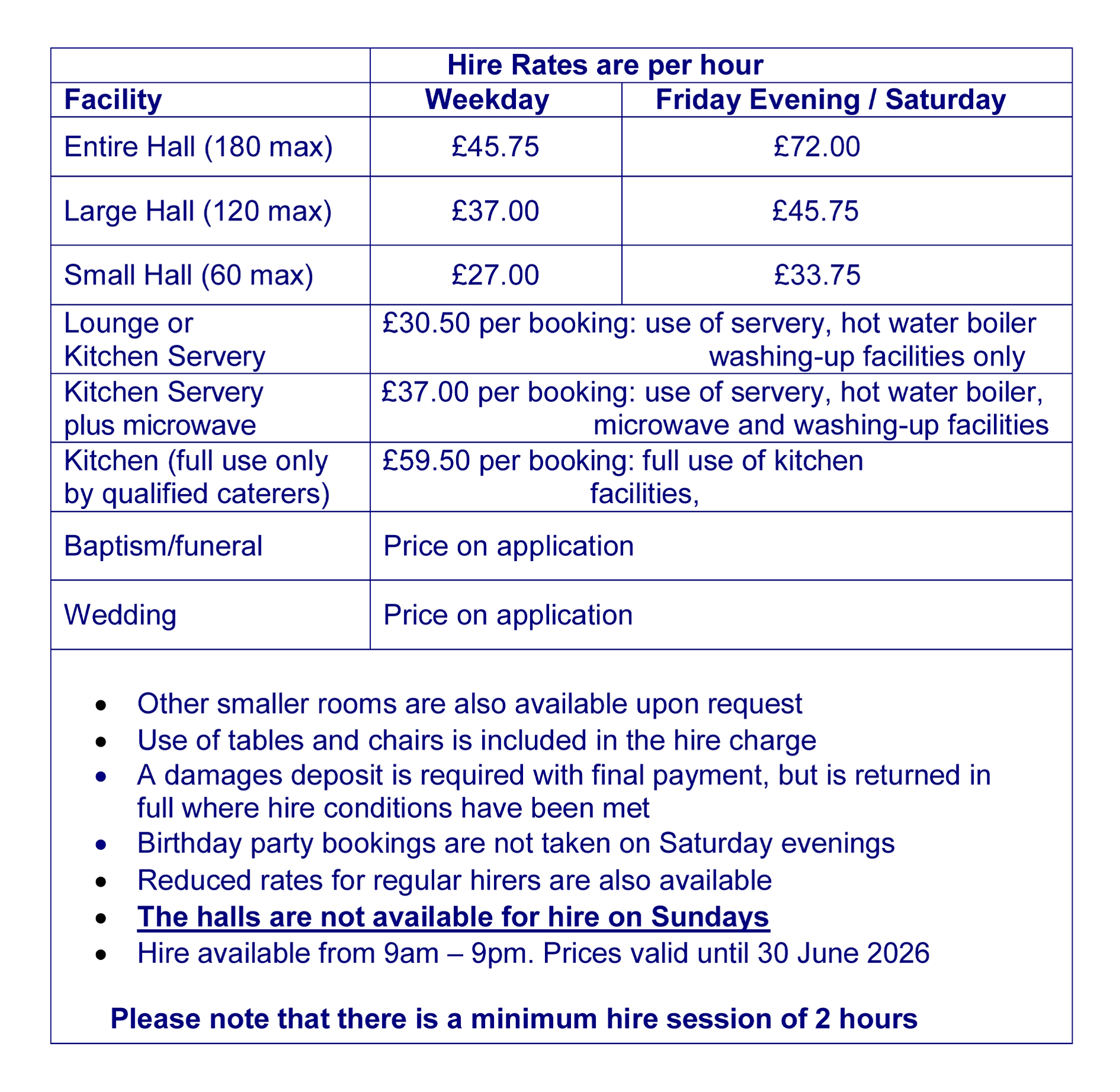 Hire Charges Table in blue