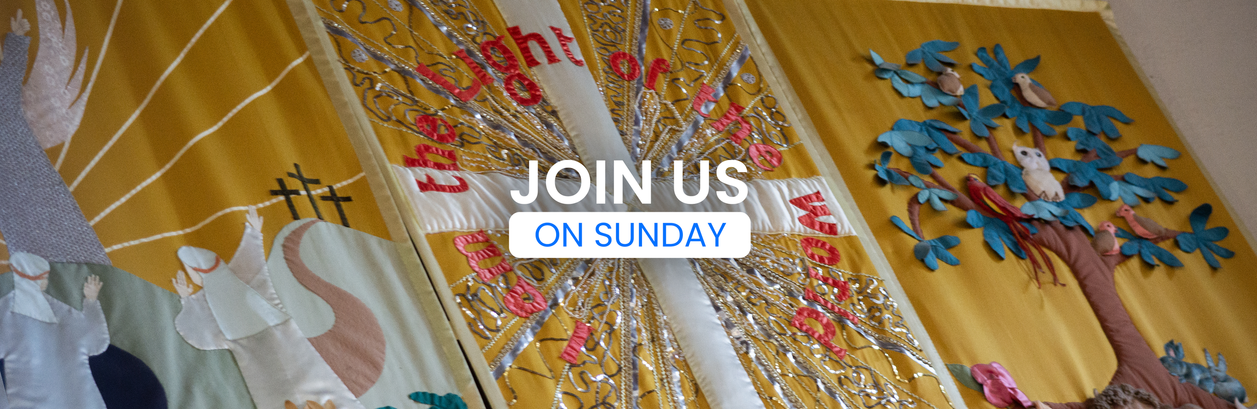 Welcome To Christ Church, Join Us On Sunday, Tapestry Banner with Cross shepherds, animals and owls 