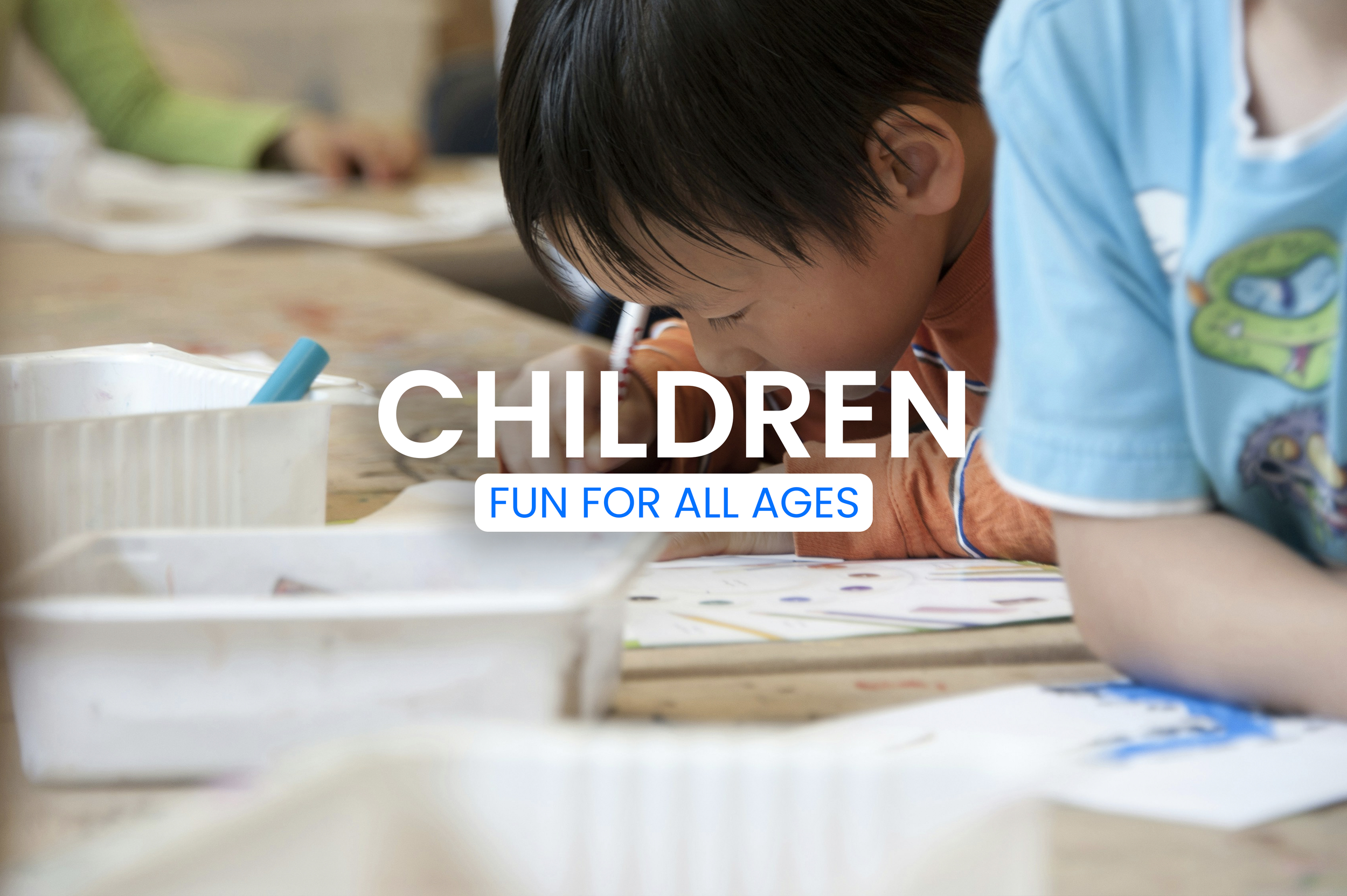 Children Fun For All Ages, group of diverse children doing an activity with pens