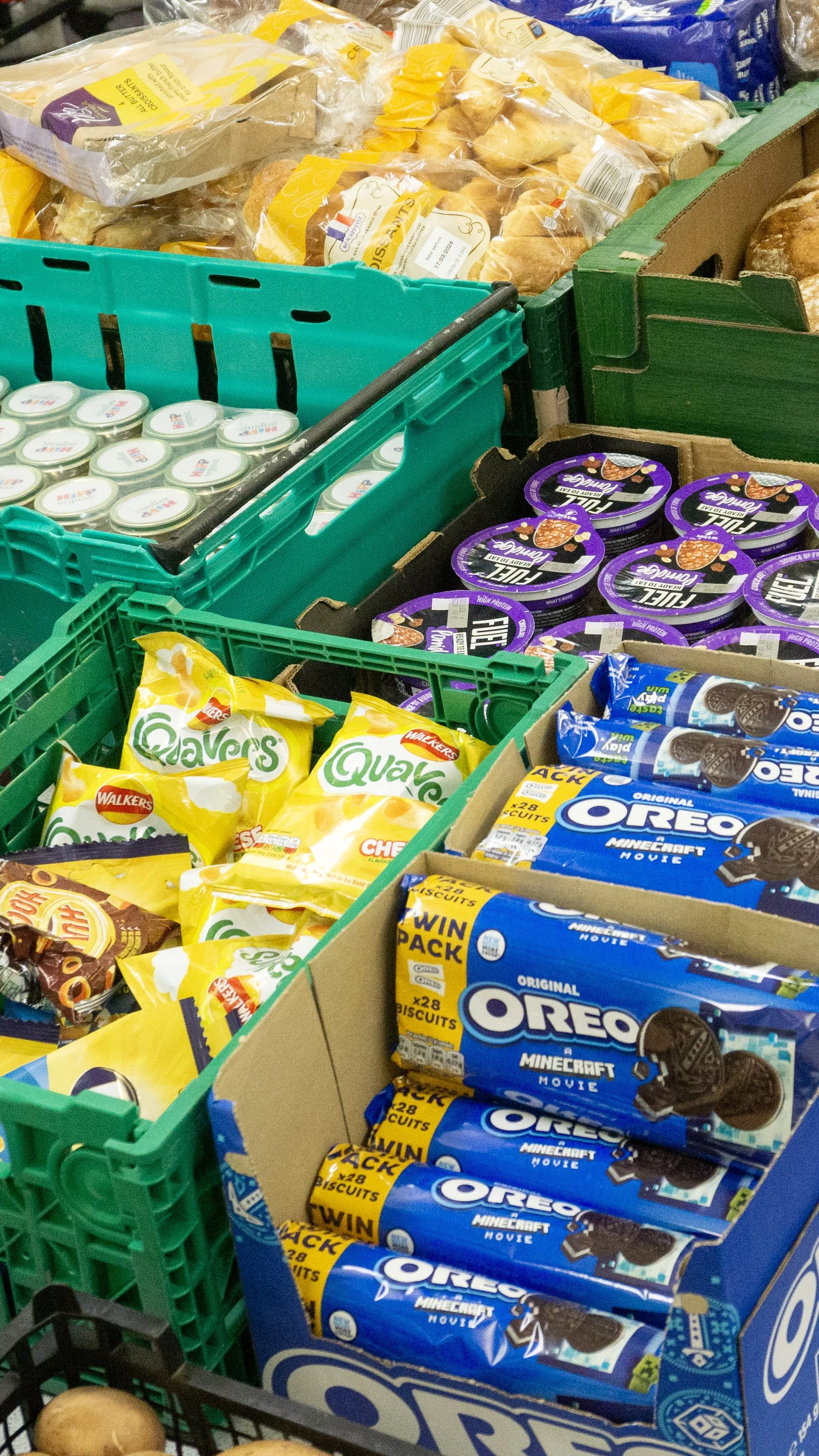 Open kitchen Food, top down view, creates of food, crisps, deserts tins and bread