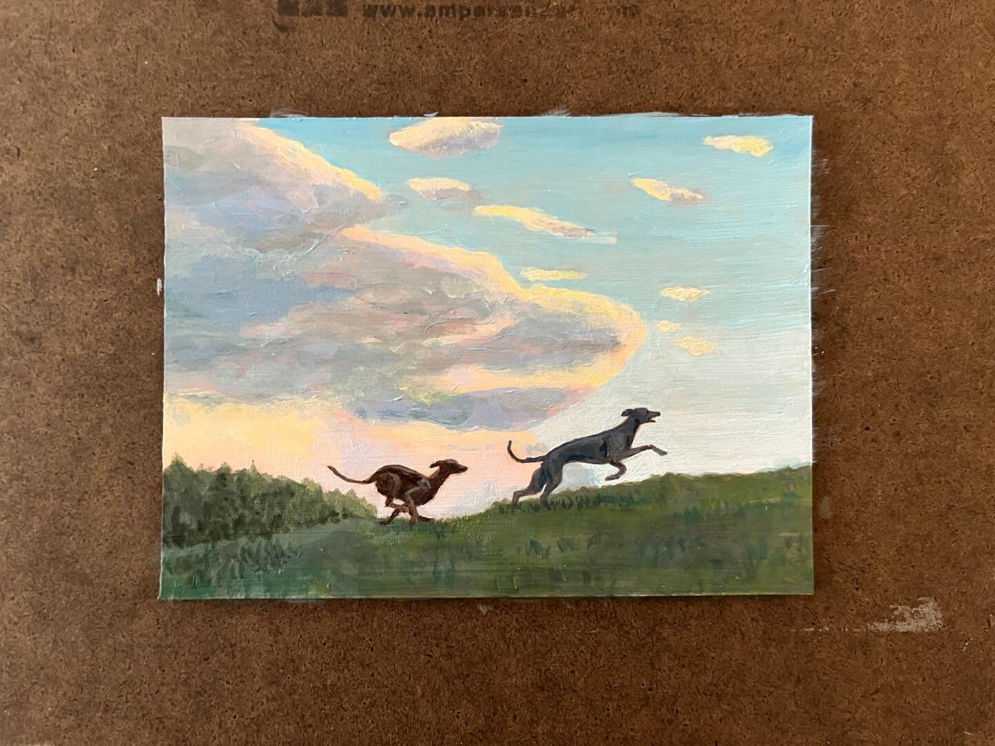 Happy little hounds, bounding up the hillside.
A tiny painting in acrylic, just 4.75 x 3.5 inches. 

I hope your weekend is going great, and that you are having as much fun as these two! 🐾💖

#dynamicdogart #dogart #dogpainting #acrylicpainting #tin