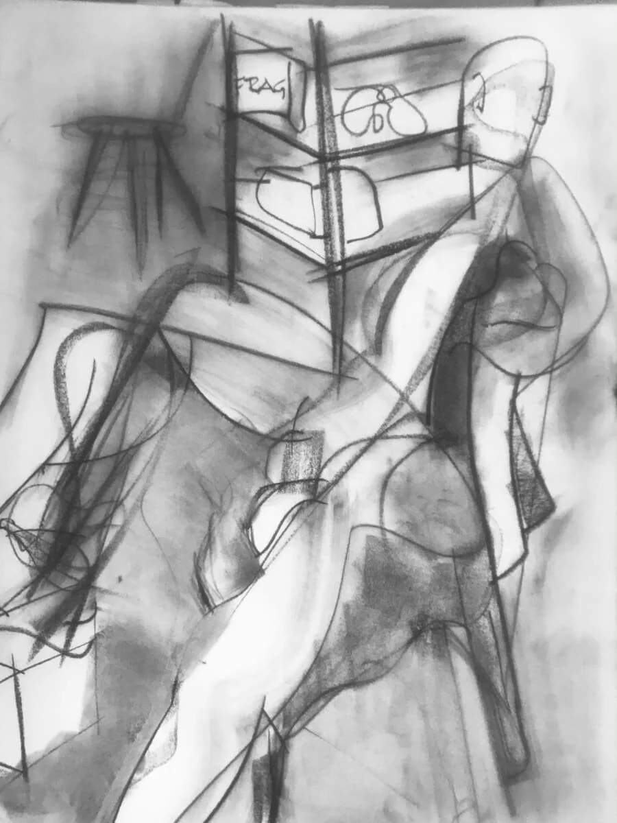 Untitled (seated man with shelf), charcoal on paper, 24 x 18", 2019