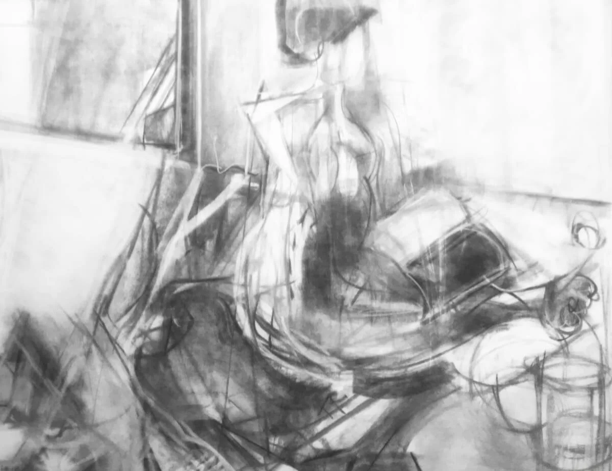 Untitled (seated woman with objects), charcoal on paper, 18 x 24", 2018