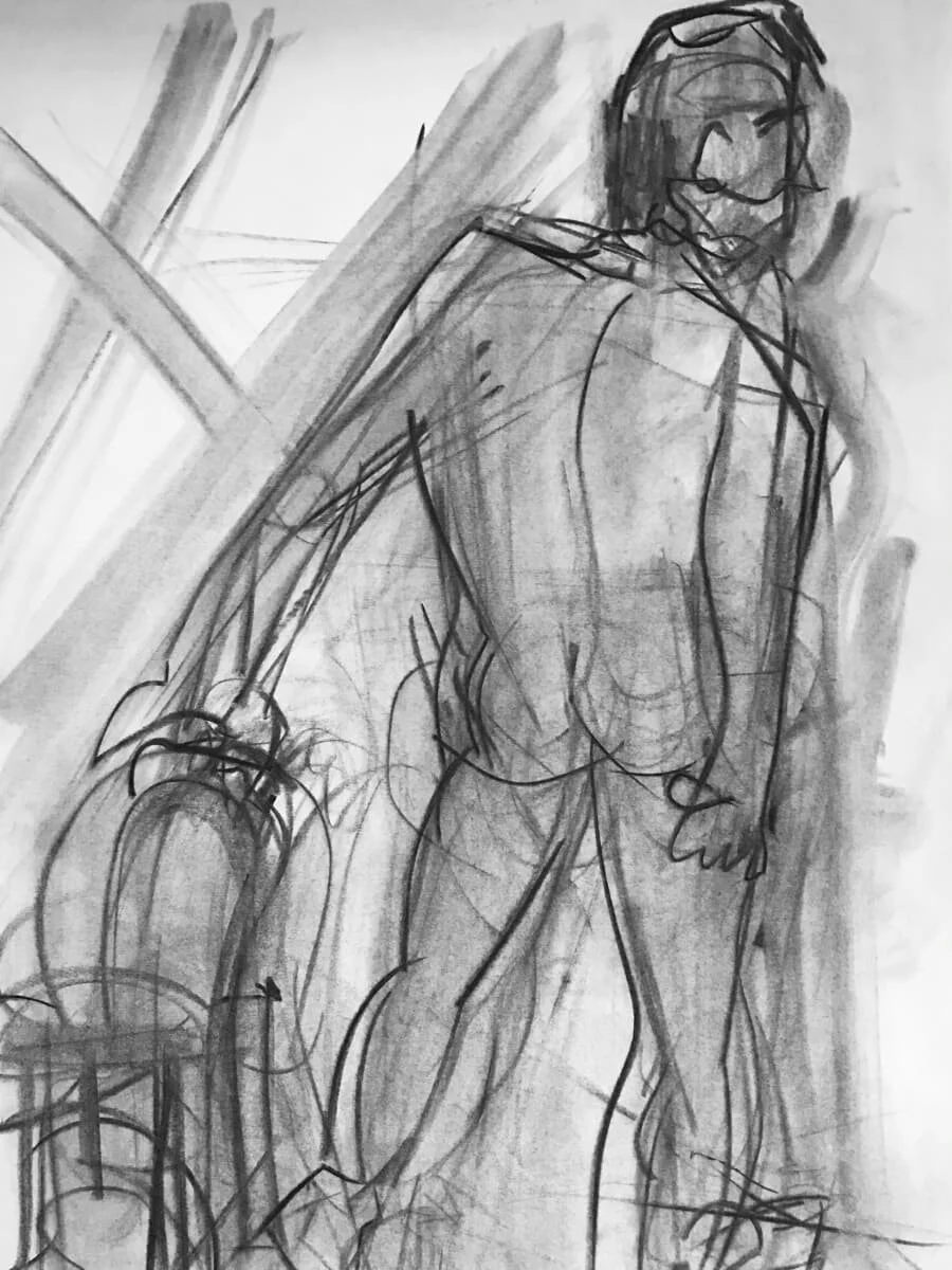 Untitled (model twisting with chair), charcoal on paper, 24 x 18", 2017