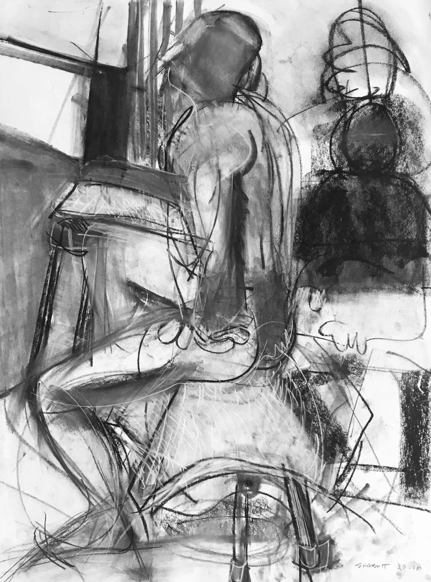 Untitled (model with figures and window), charcoal on paper, 24 x 18", 2018