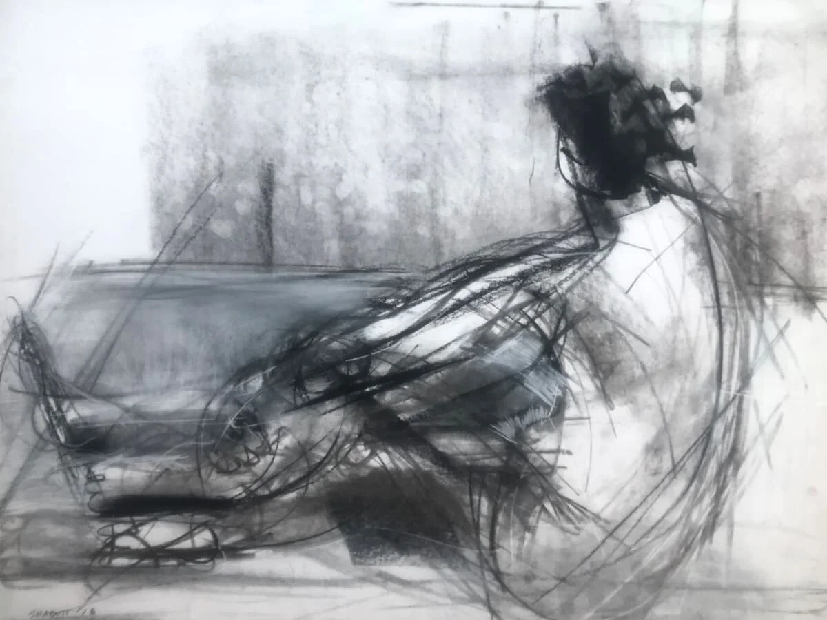 Untitled (man in studio), charcoal and conte on paper, 18 x 24", 2019