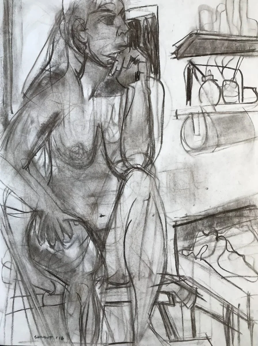 Modern Thinker no. 1, charcoal on paper, 24 x 18", 2019