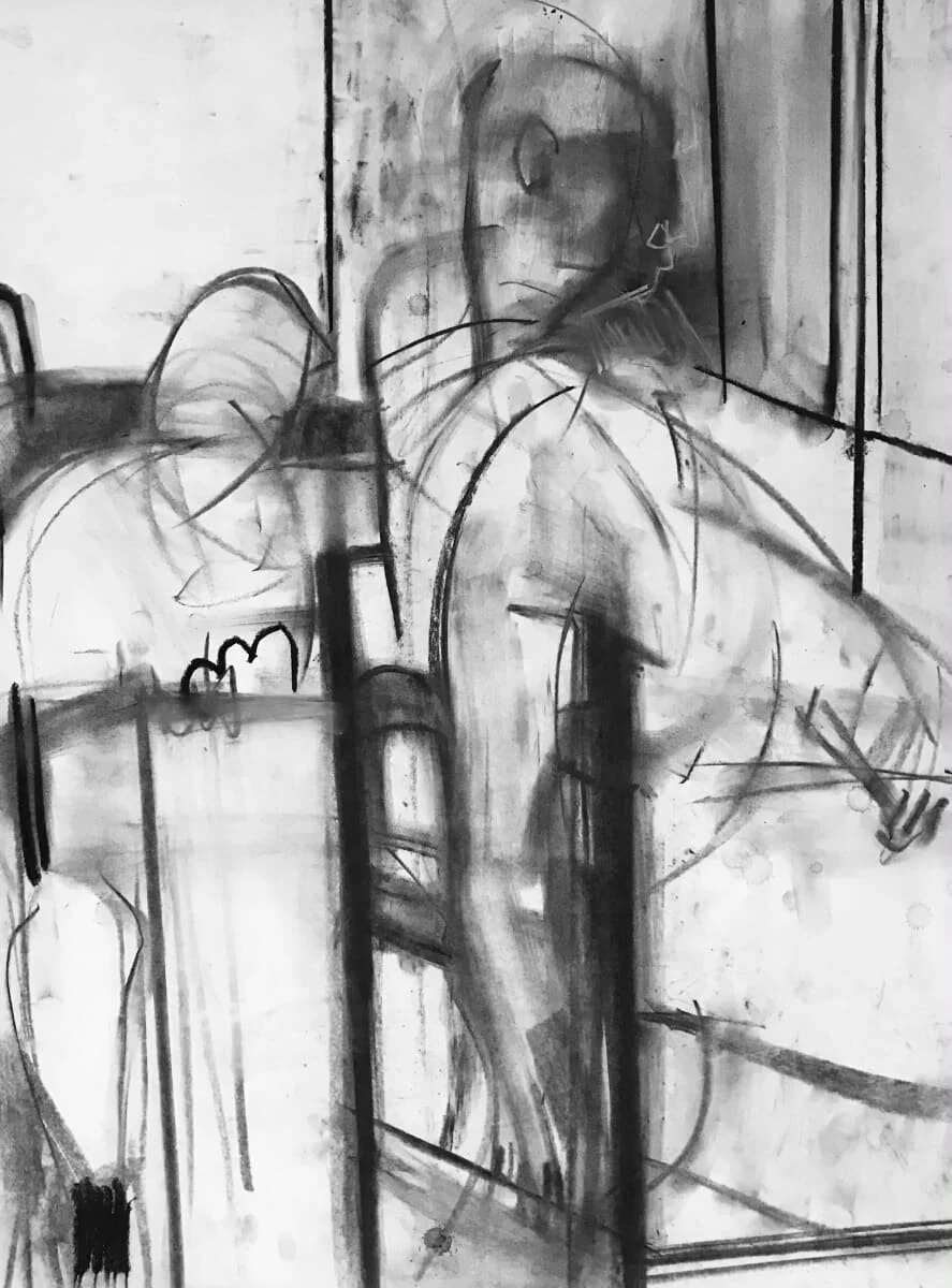 Untitled (man with artist), charcoal on paper, 24 x 18", 2018