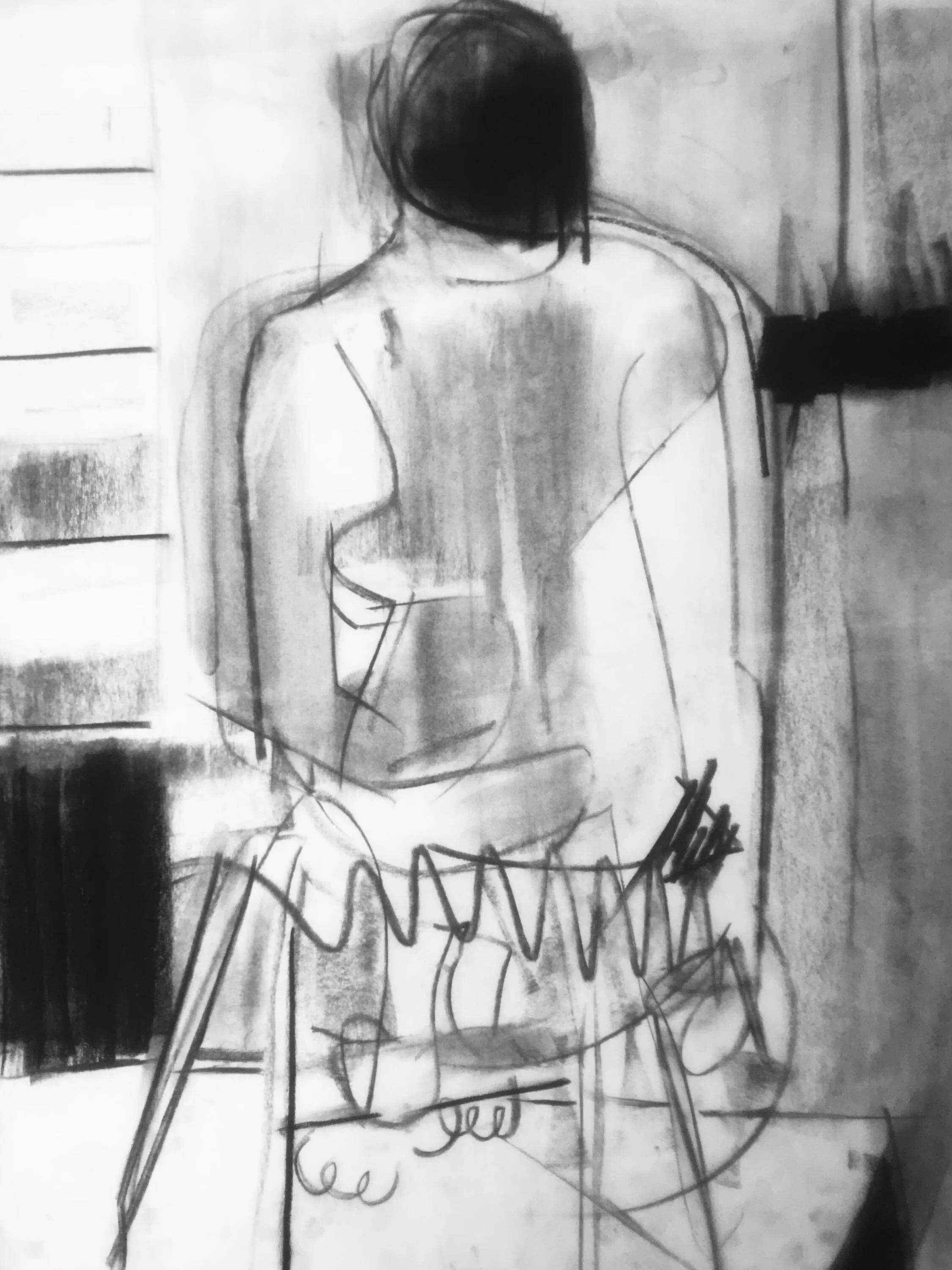 Untitled (seated model on platform), charcoal on paper, 24 x 18", 2018