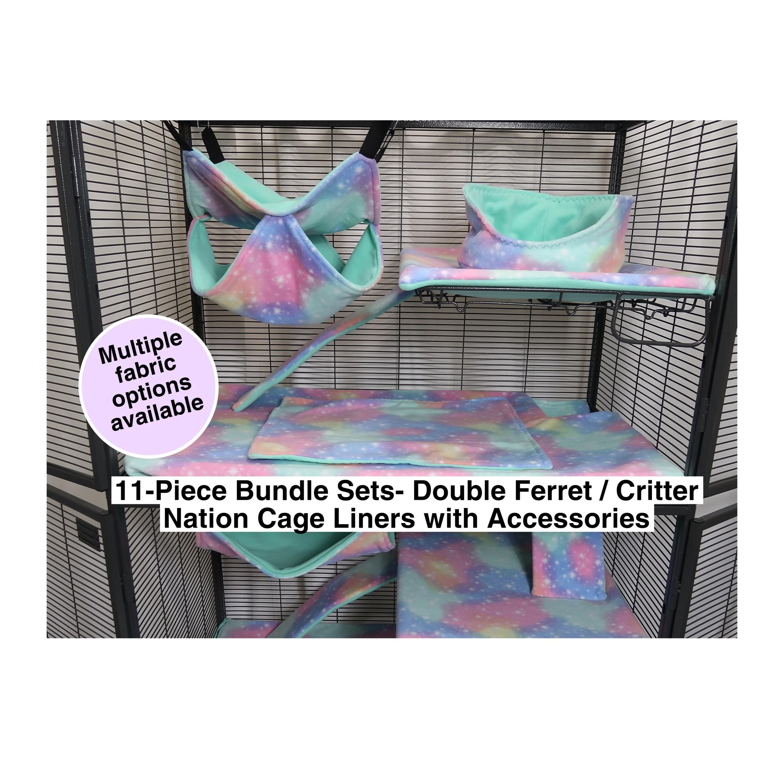 Fleece Cage Liners For Ferret Nation & Critter Nation Double Unit - Northern Lights Print, Includes Pan & Shelf Liners + Ramp Covers