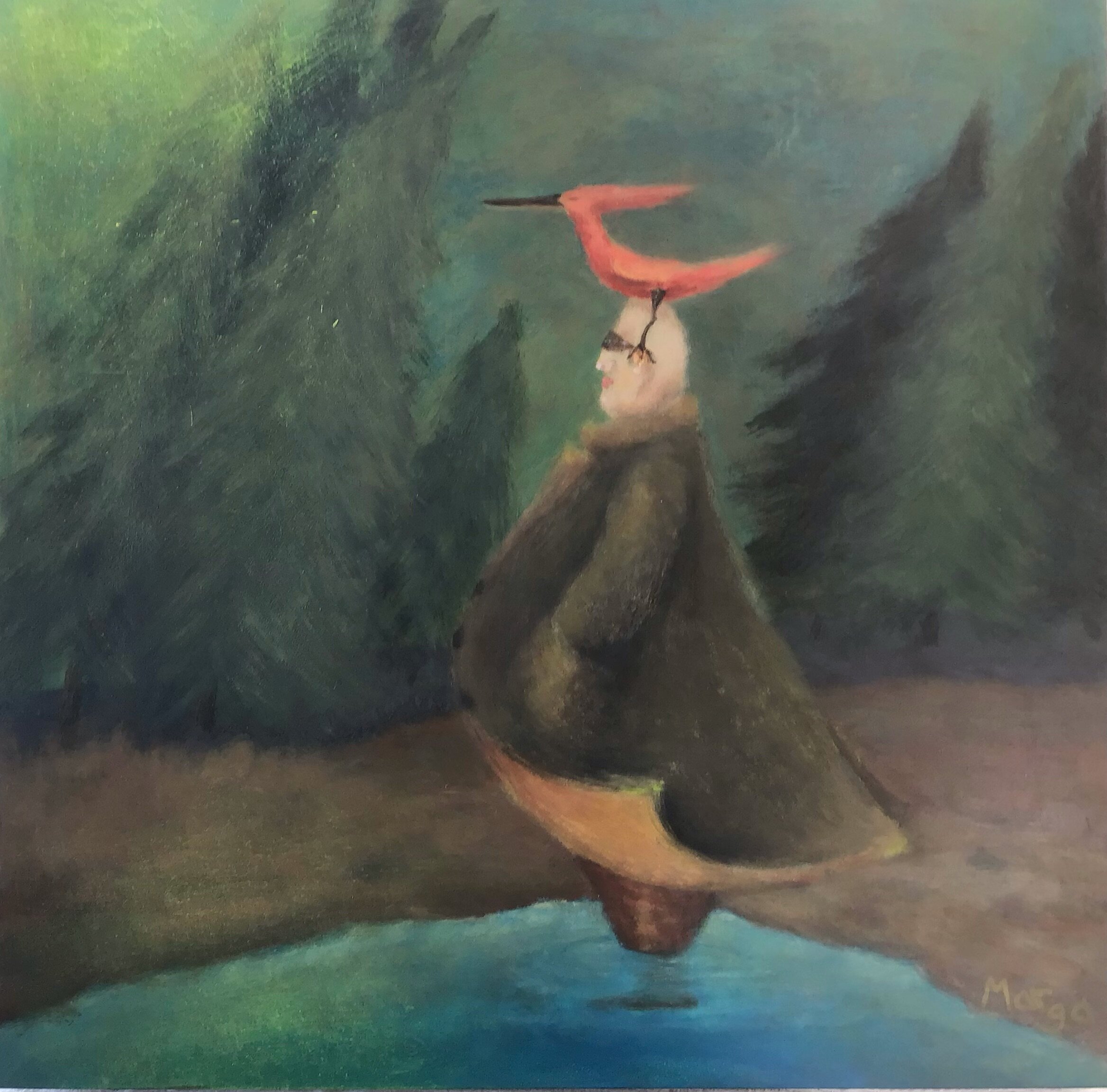 "Red Bird Goes Wading" Acrylic on wood panel, 12x12- $350.00