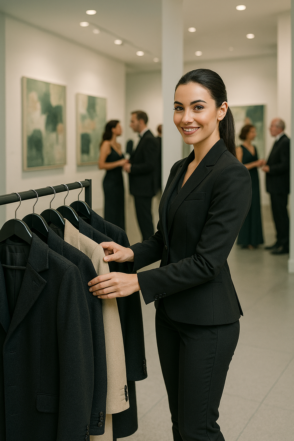 Person looking at clothing on hangers, contemplating a selection.