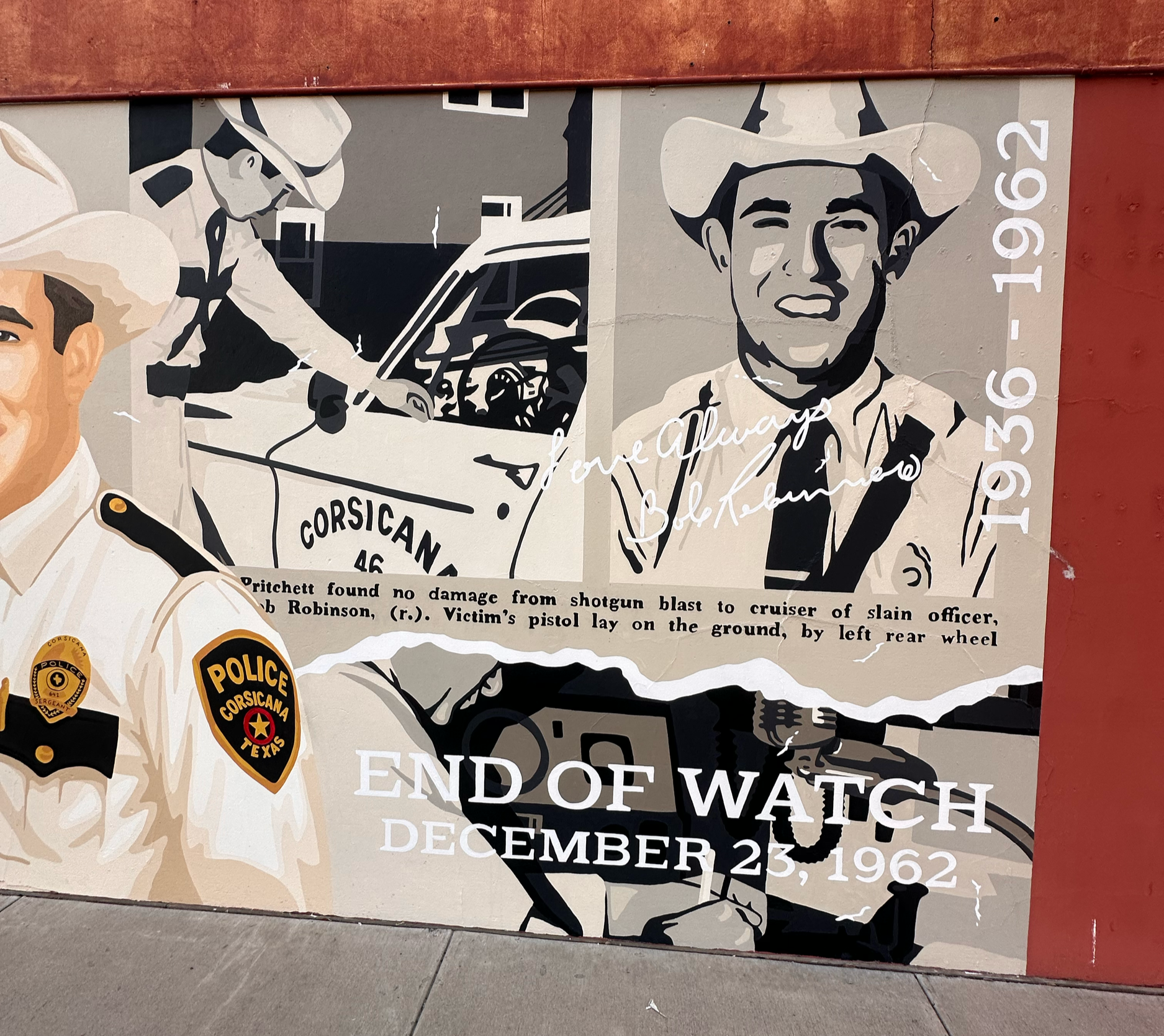 Historical poster commemorating End of Watch, December 25, 1962, featuring a portrait of a man in a cowboy hat and police badge, with a background illustration of a scene involving police and a person in uniform.