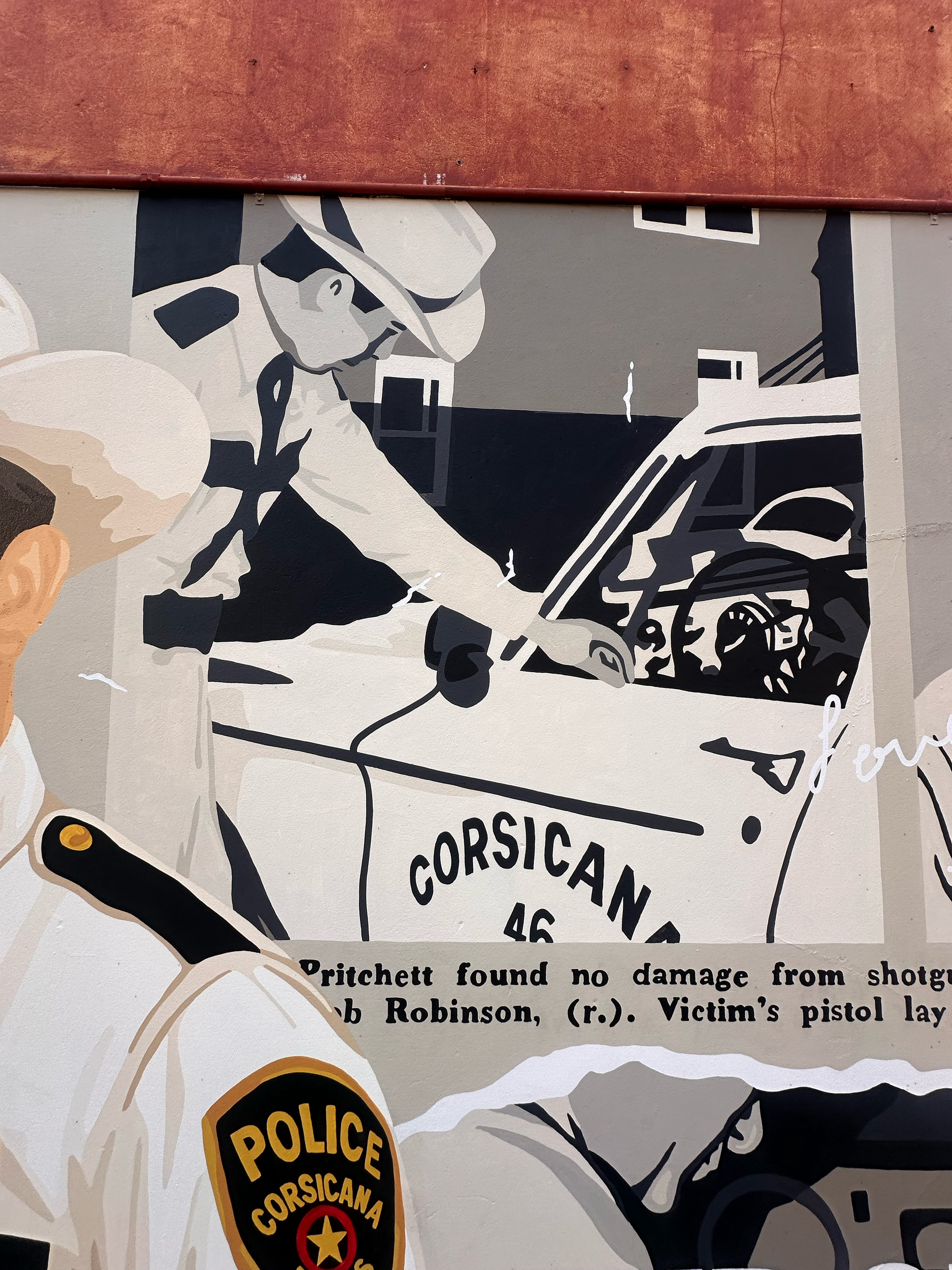 Illustration of a police officer and a police car with a sign indicating Gulfport, with text about damage from a shooter and a tragic incident, and a police badge patch.