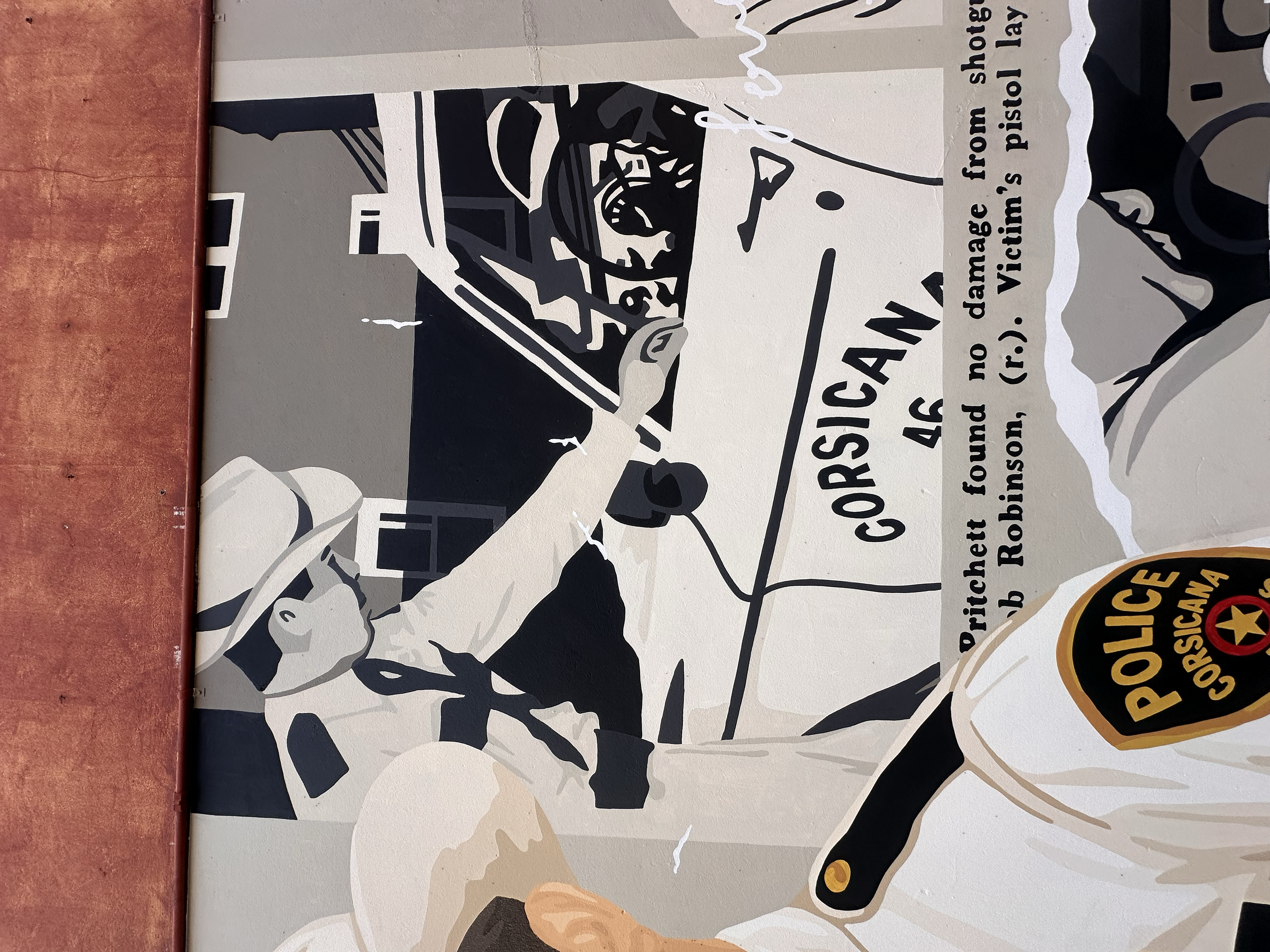 Illustration of a police officer and a police car with a sign indicating Gulfport, with text about damage from a shooter and a tragic incident, and a police badge patch.