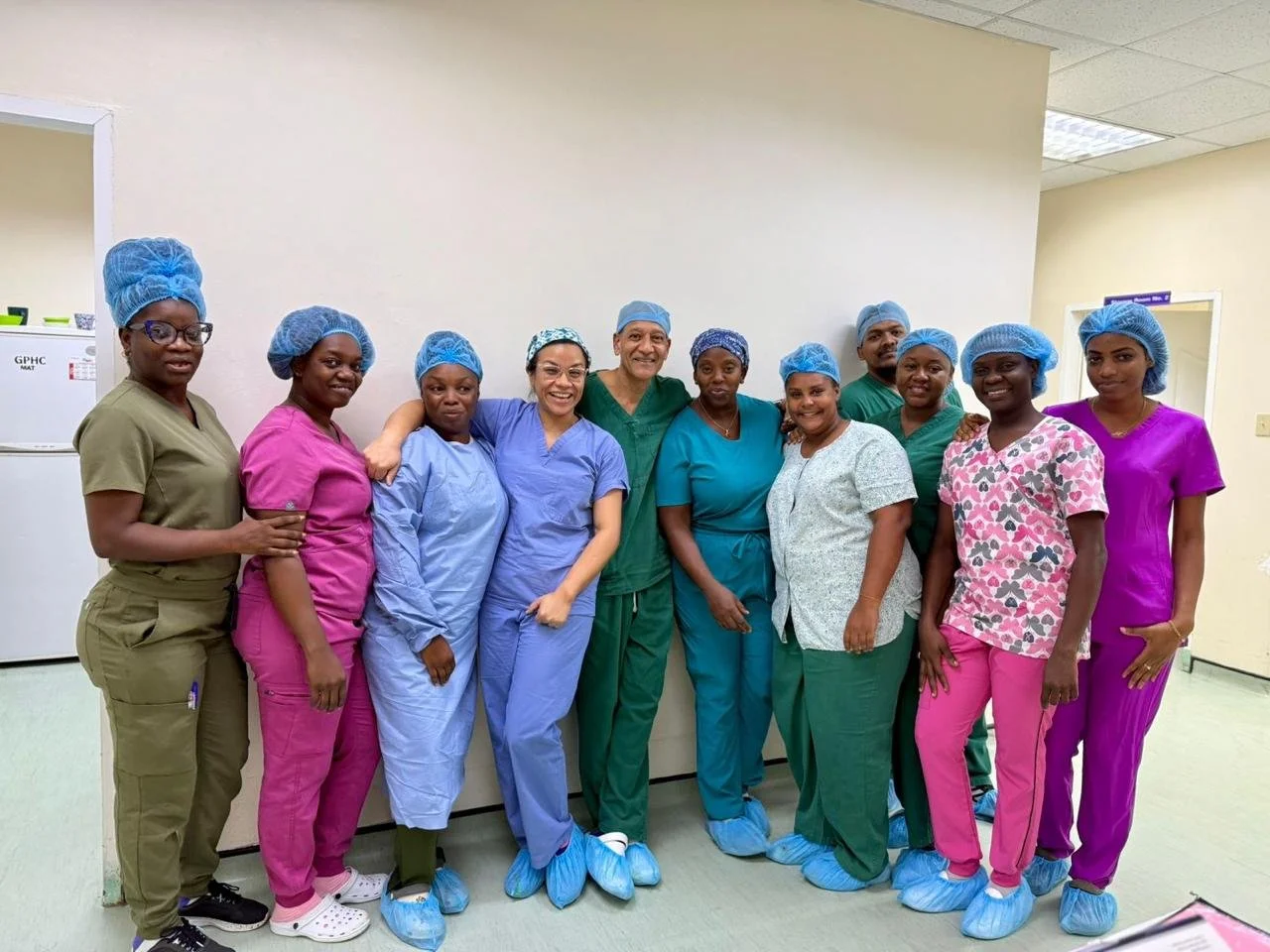 Dr. Narayansingh with Dr. Natasha France and team of nursing staff at Georgetown Public Hospital, Guyana. June 2025
