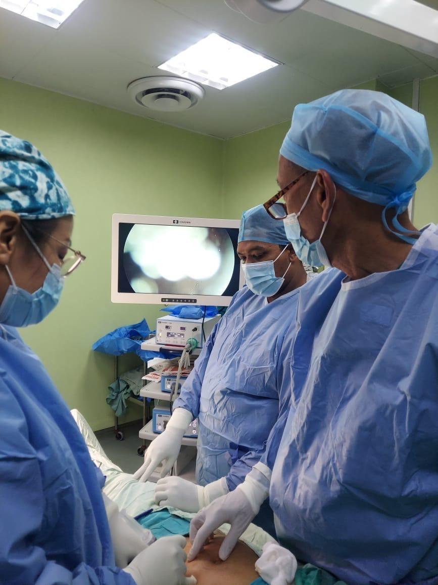 Dr. Narayansingh conducting Laproscopic training at Georgetown Public Hospital in Guyana, June 2025