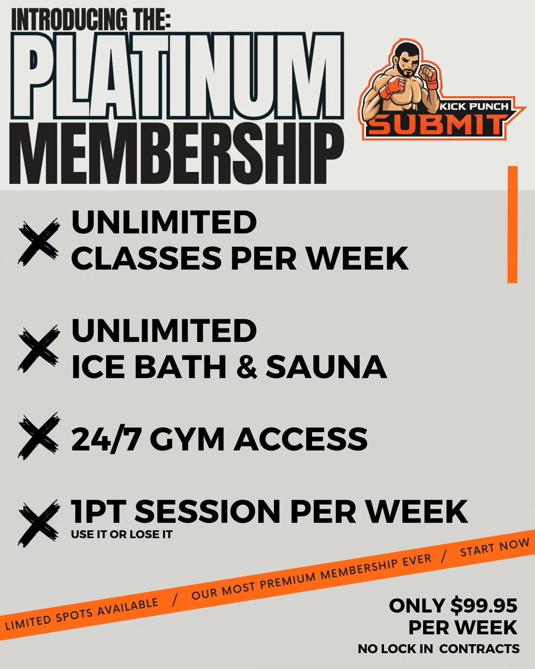 Introducing our top tier membership! With the platinum membership you get 1 PT session included EVERY WEEK!. That means you can attend all classes and focus on your weaknesses or missed details in the private session. This is a must for those looking