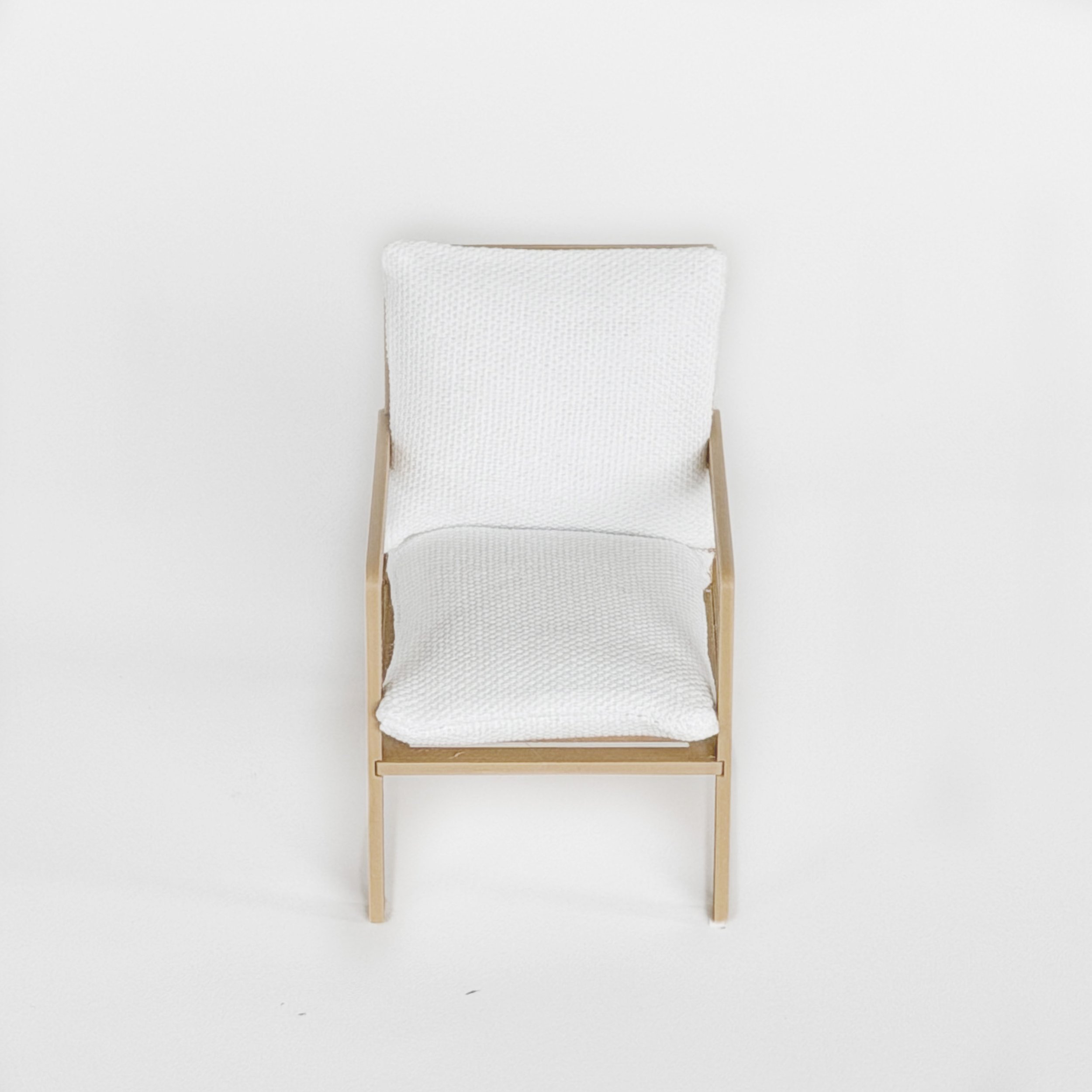 Modern 1:12 scale miniature armchair in neutral finish, contemporary dollhouse accent chair for living room or bedroom styling