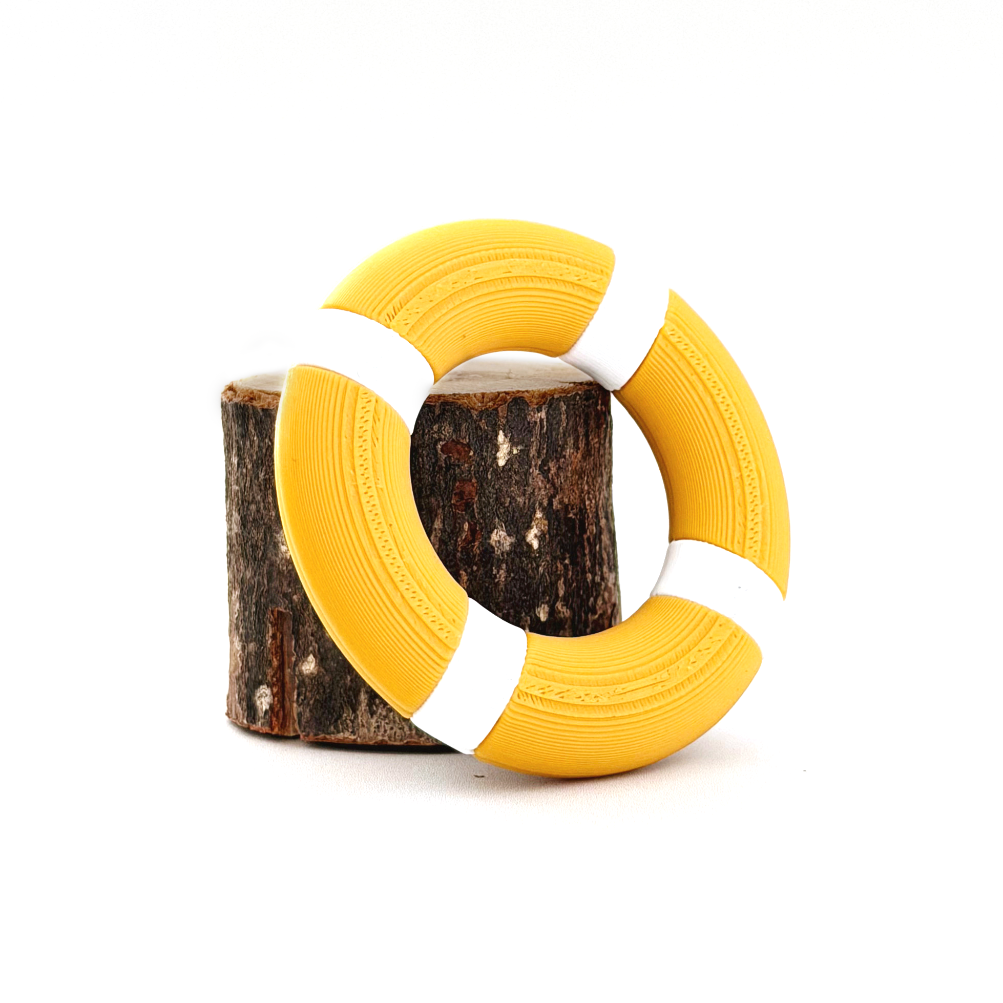 Close-up of a 3D printed miniature life preserver.