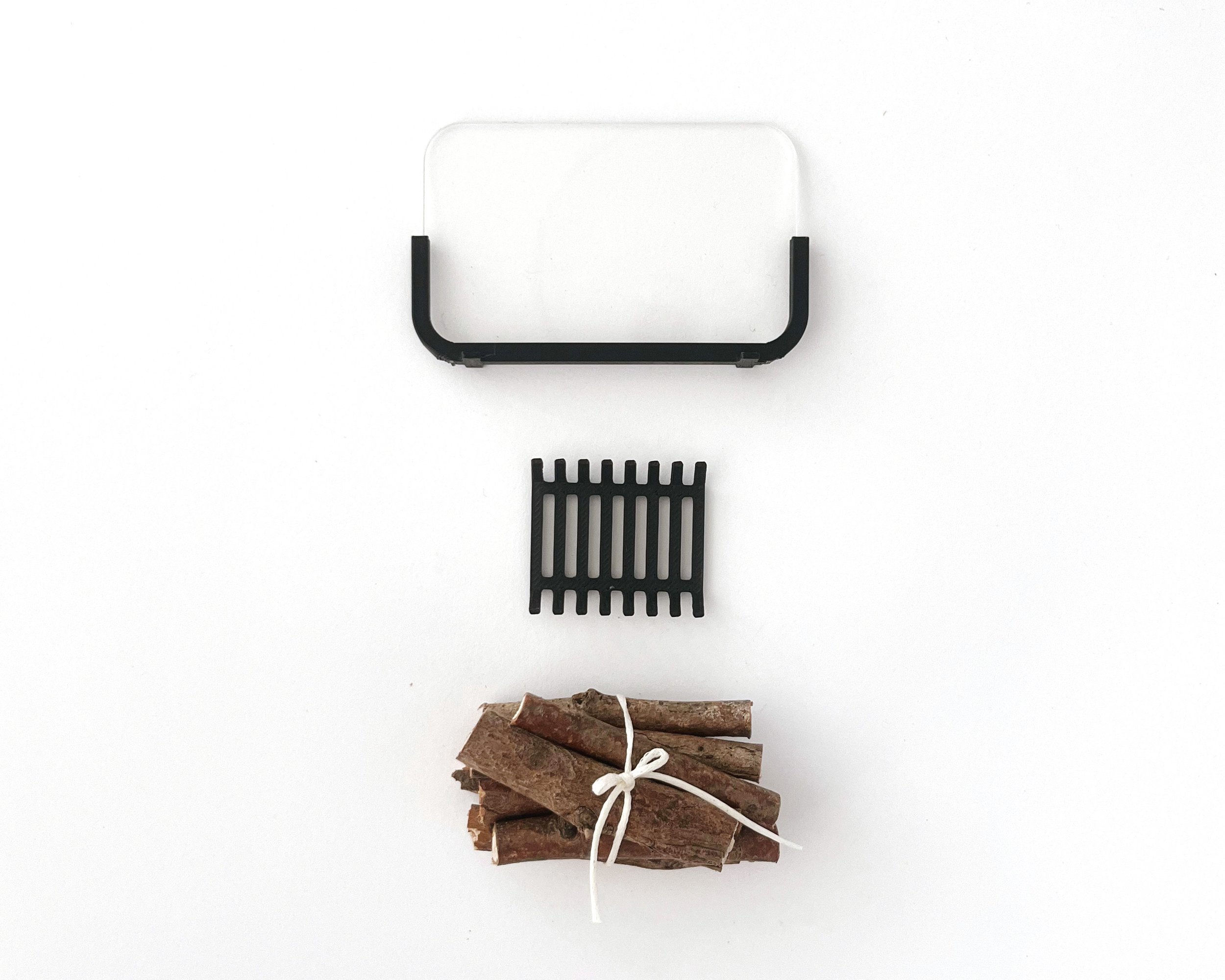 Miniature black fireplace screen, black firewood holder and bundle of firewood. Perfect for adding warmth to your dollhouse scene. (Copy)