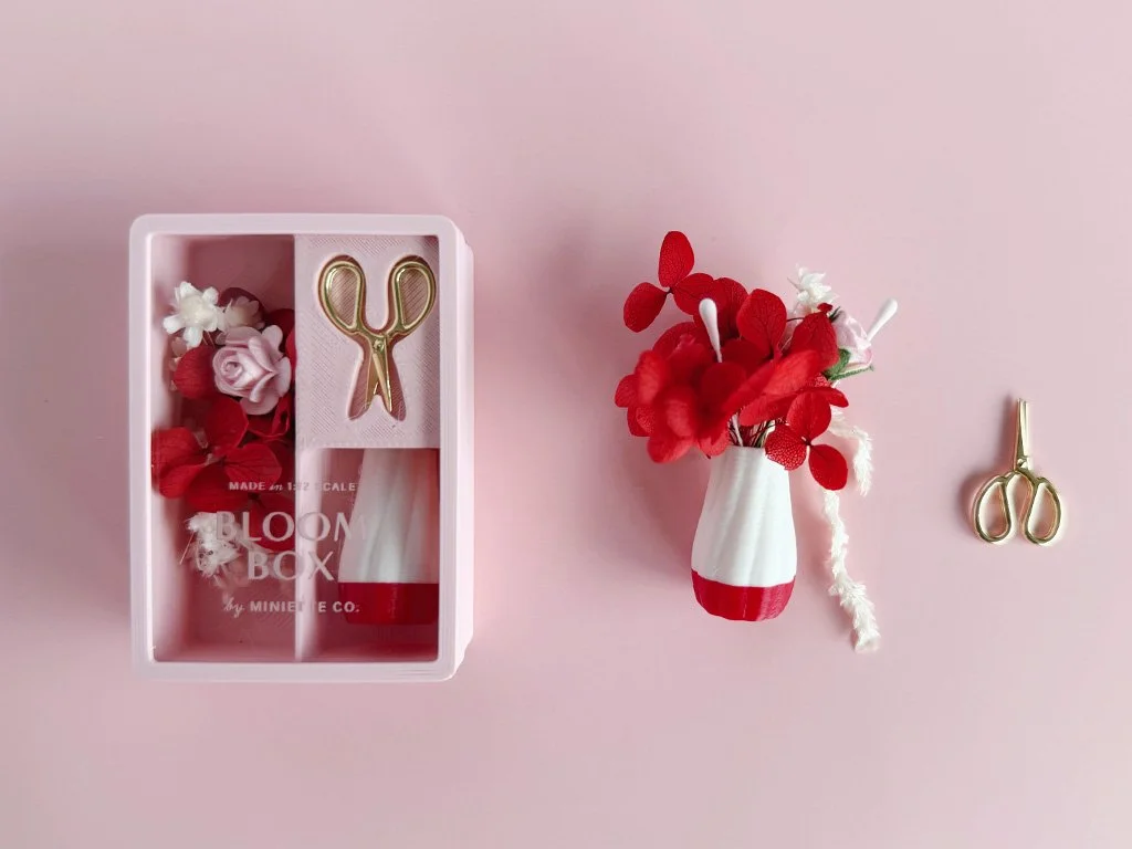 Miniature Valentine floral bouquet with coordinating vase and working gold scissors, packaged in a pink gift box