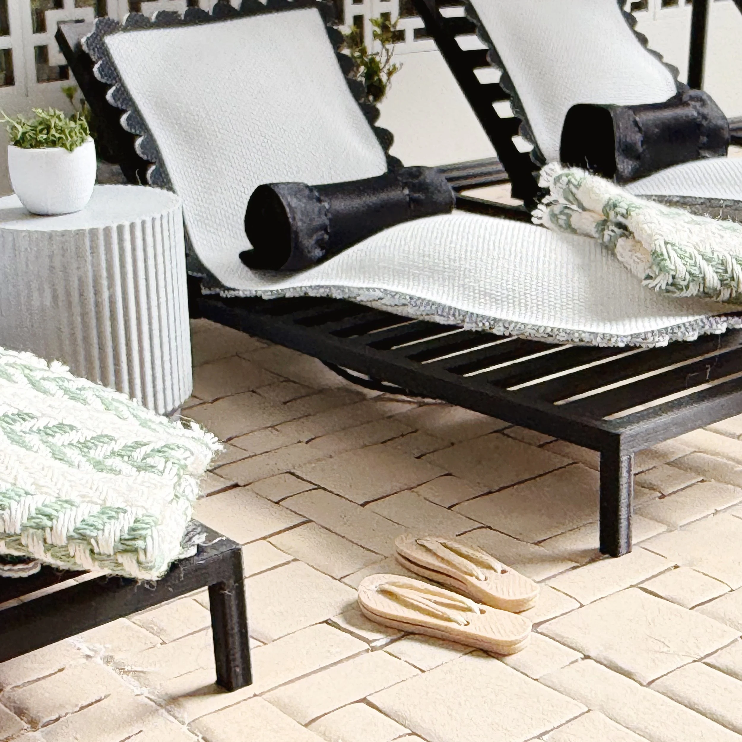 1:12 scale summer setup with flip flops placed poolside