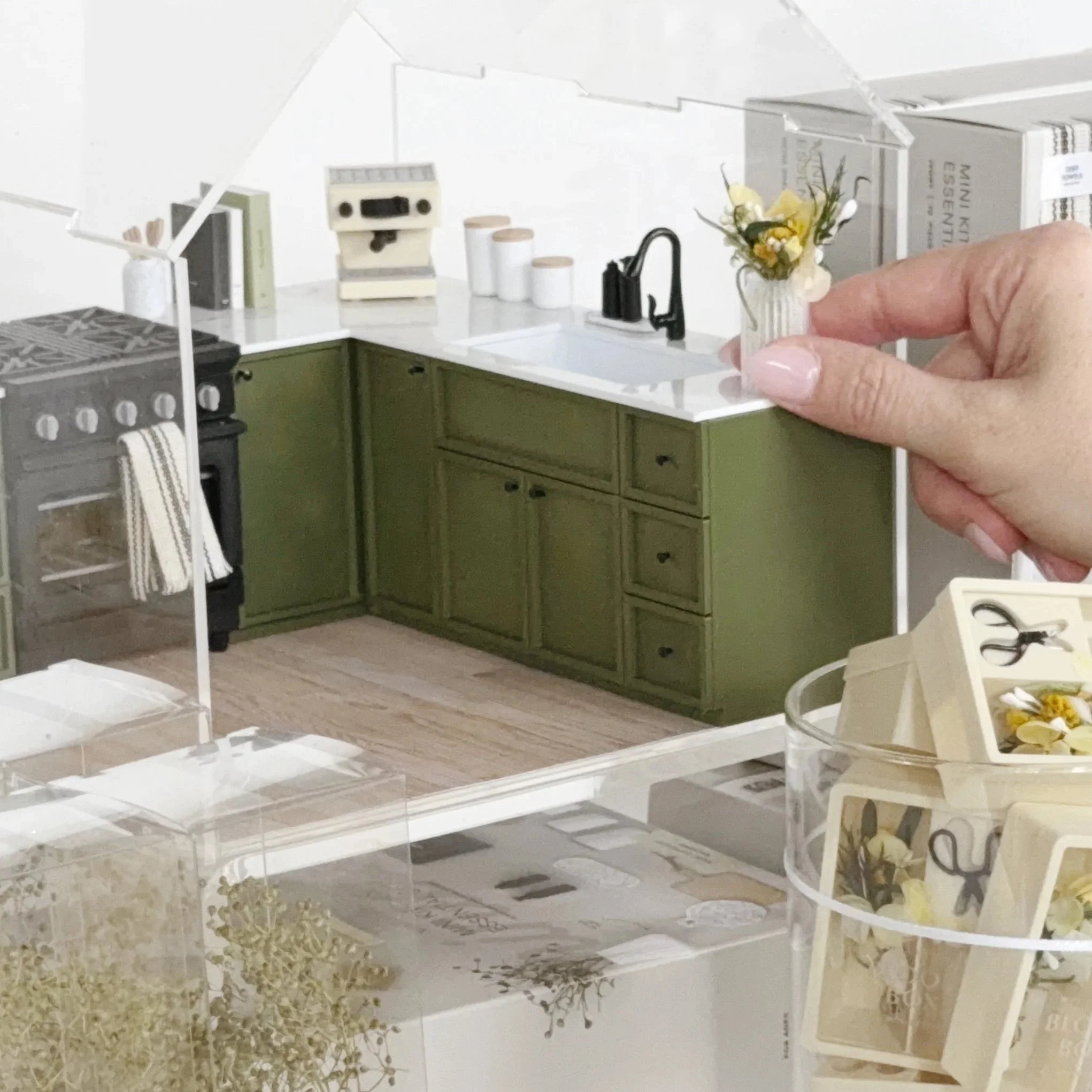 Spring Yellow Bloom Box styled as miniature décor with a yellow floral arrangement in a slightly transparent vase