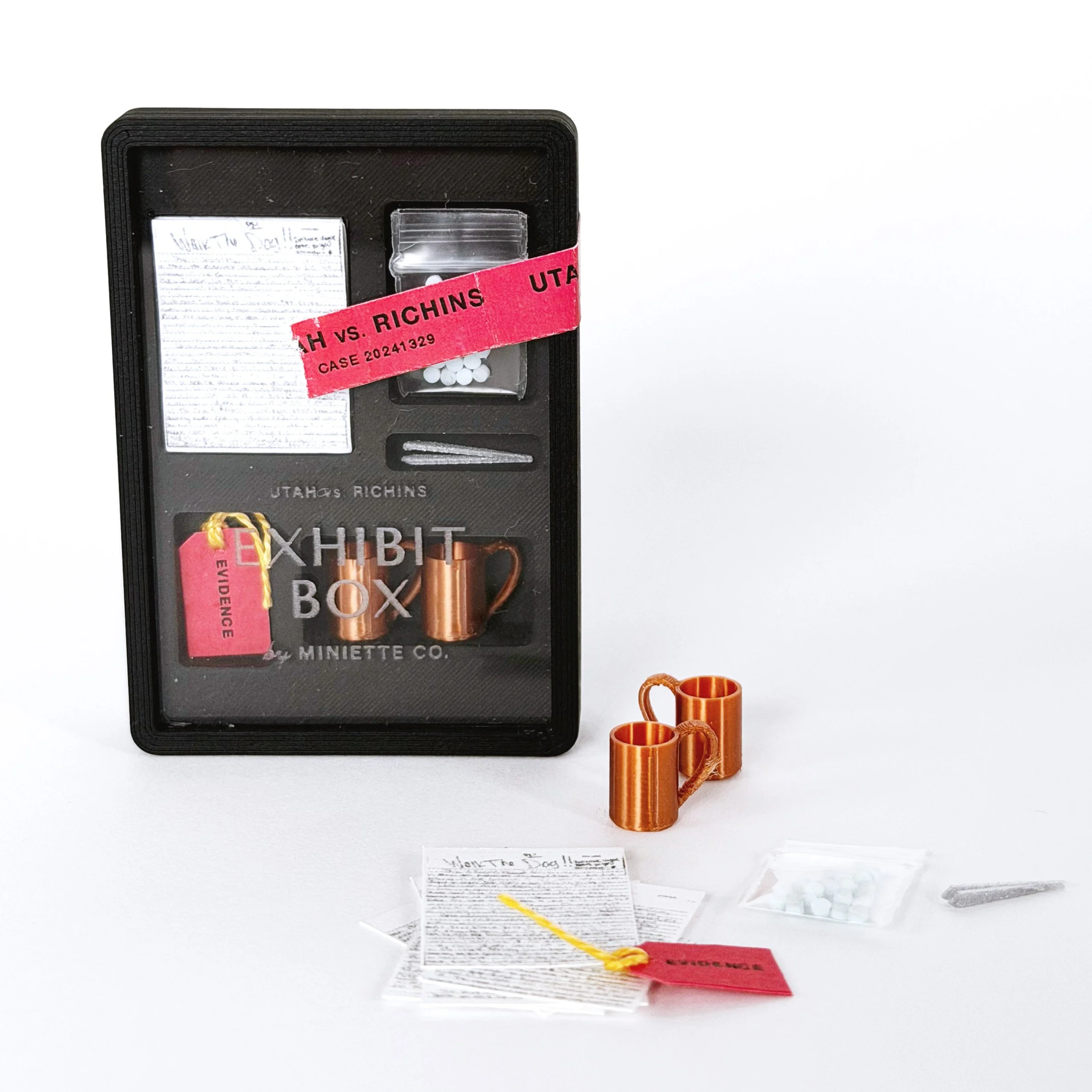 1:12 scale miniature evidence box display case with tiny accessories inside clear acrylic box, collectible dollhouse miniature by Miniette