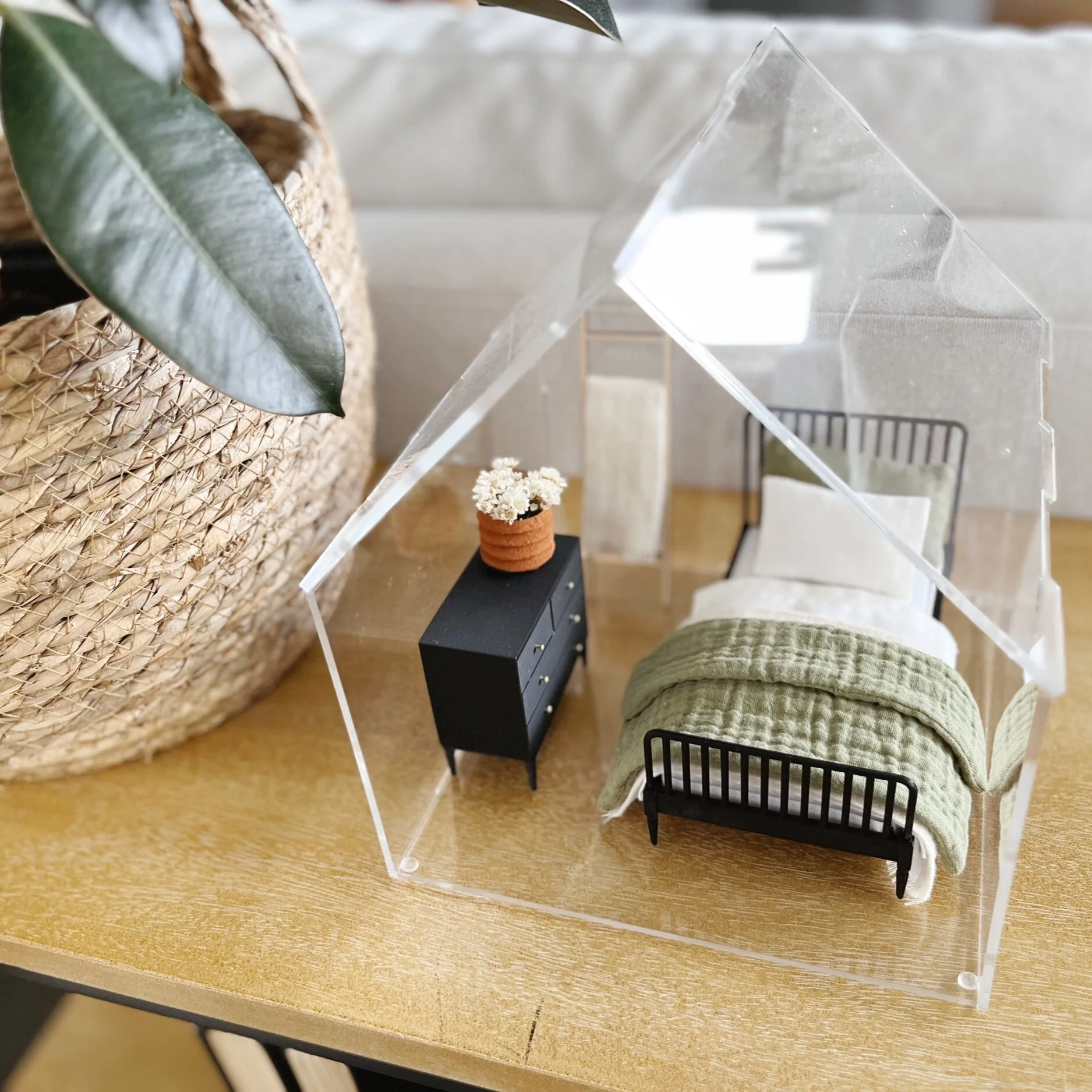 Close-up of the pitched roof detail on the Clear Little Loft clear acrylic miniature display
