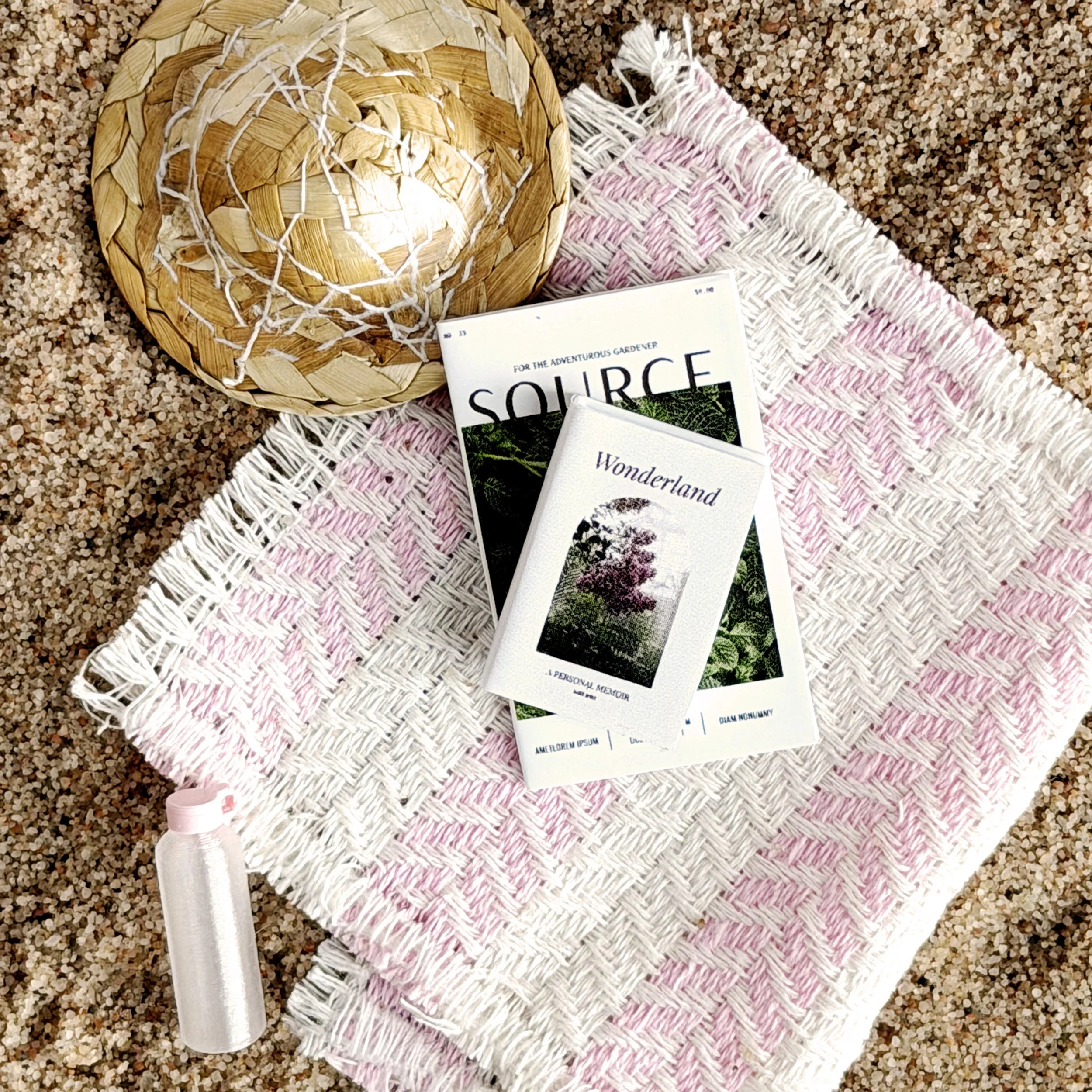Dollhouse outdoor scene with beach hat and sunglasses styled for summer