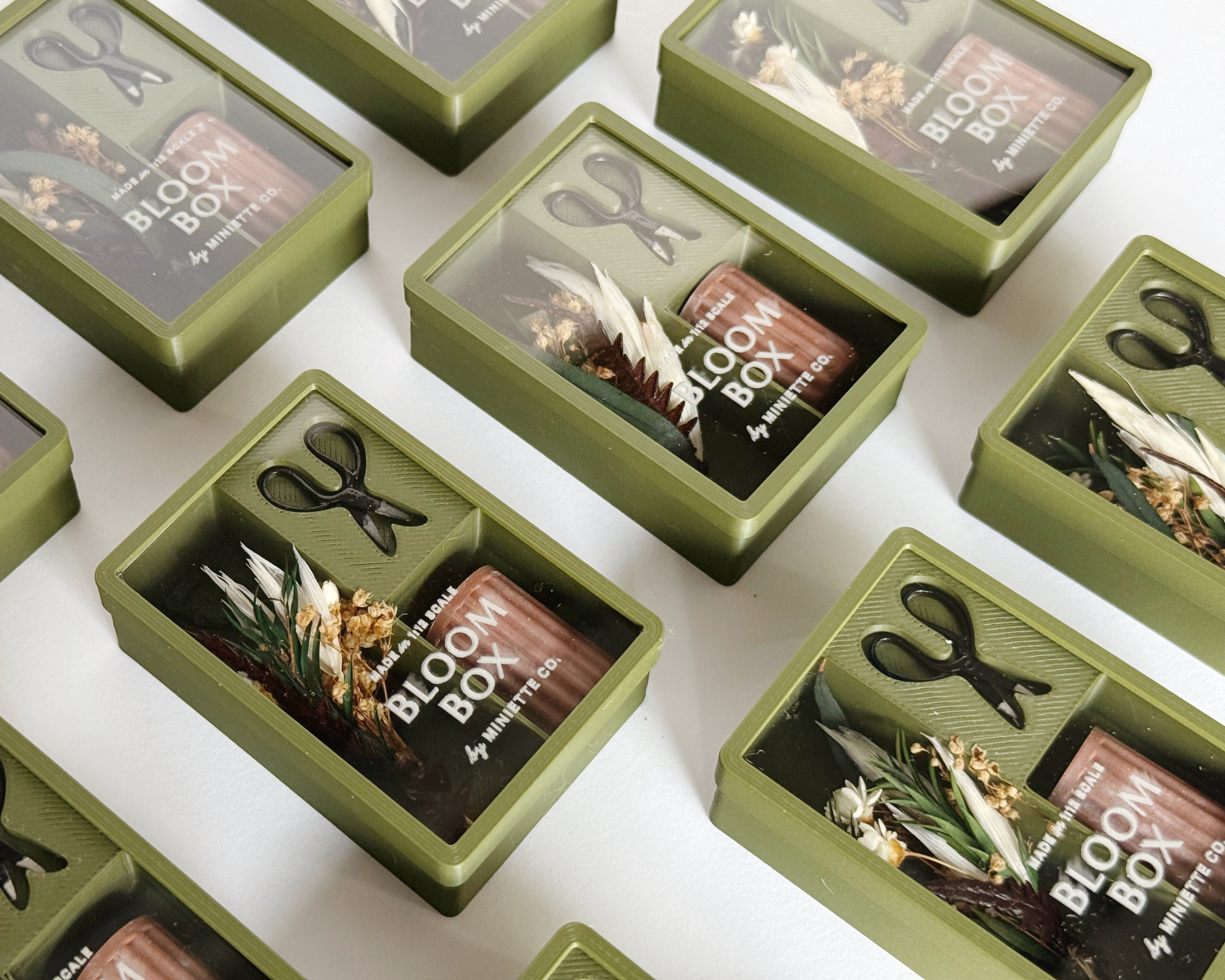 Fall Bloom Box set featuring preserved florals, coordinating vase, and mini scissors, designed for dollhouse displays.