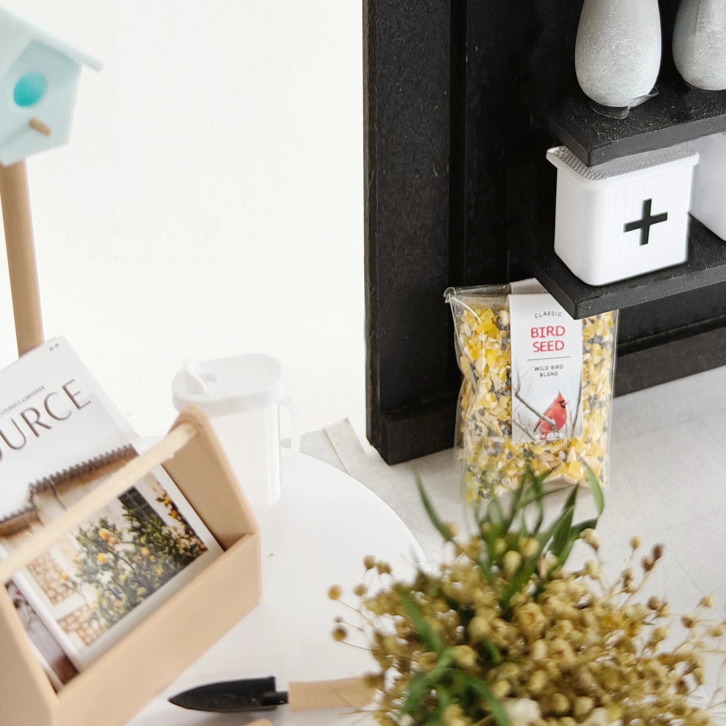 small bird seed bag miniature for dollhouse yard scene