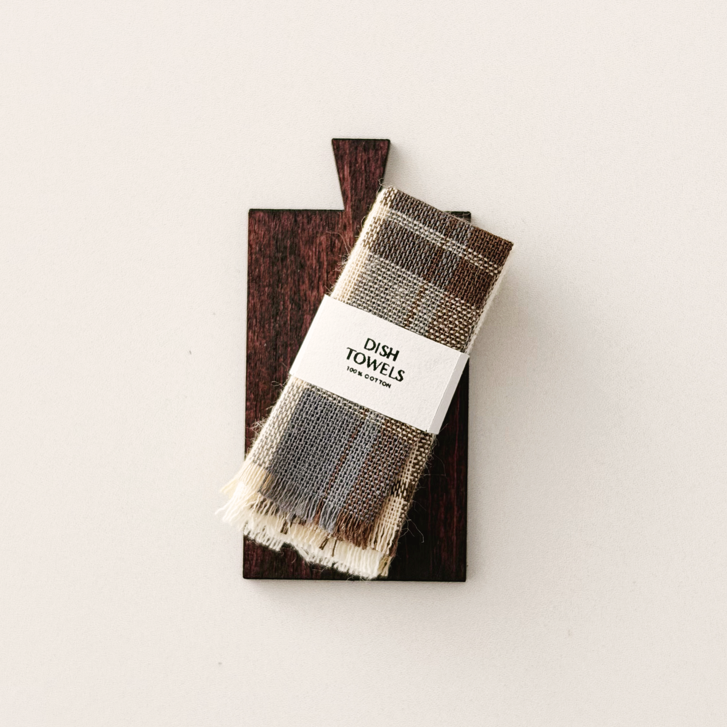 Miniature Dark Wood Cutting Board + 3 Dish Towels