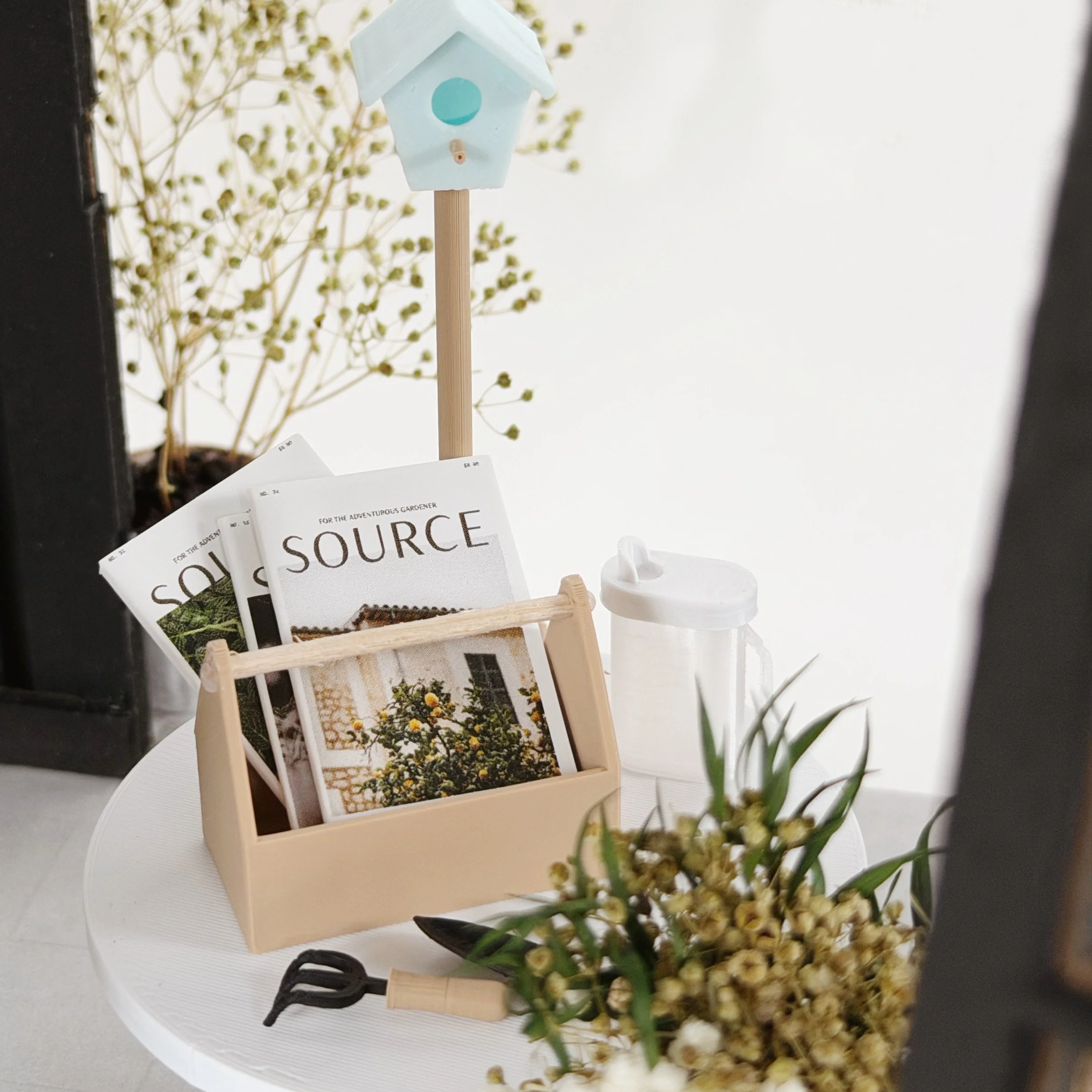 miniature gardening accessory bird seed bag and bin