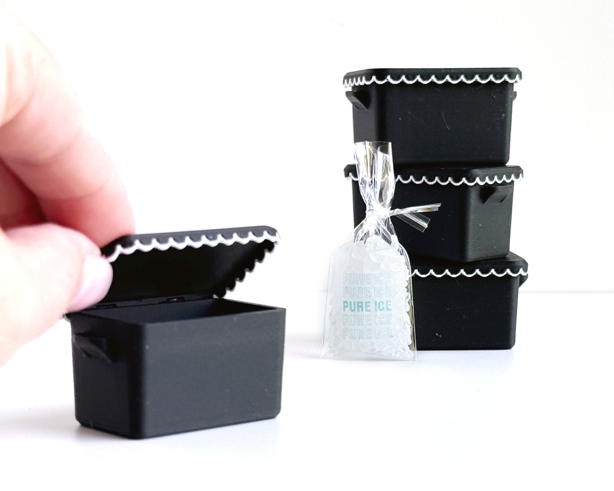 Miniature Dollhouse Cooler with Ice – Scallop Edge Lid – Black, Green, or Petal Pink – 1:12 Scale Accessory