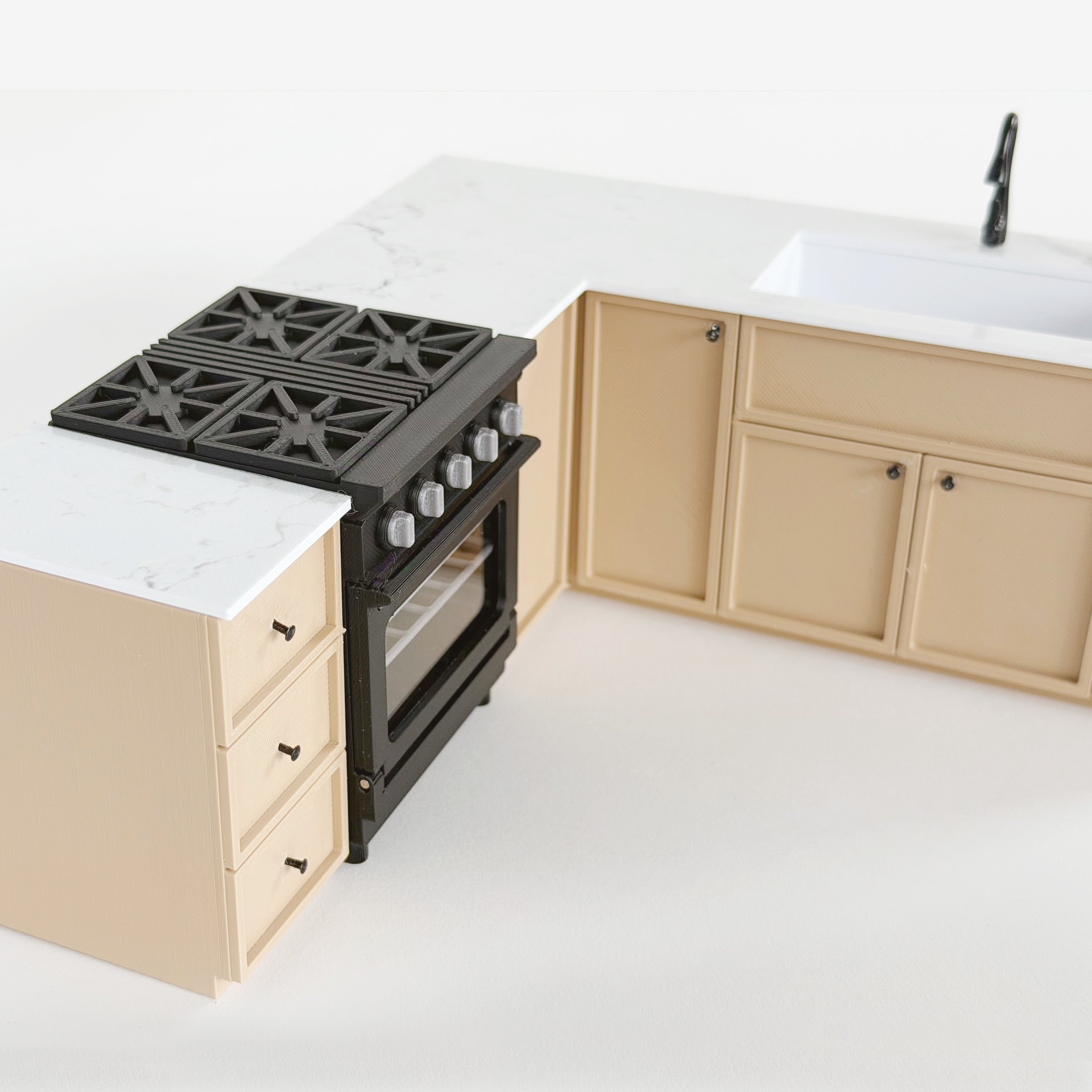 Natural / faux wood 1:12 scale miniature kitchen cabinet and oven set in Shaker style, shown as a complete dollhouse kitchen layout. (Copy)