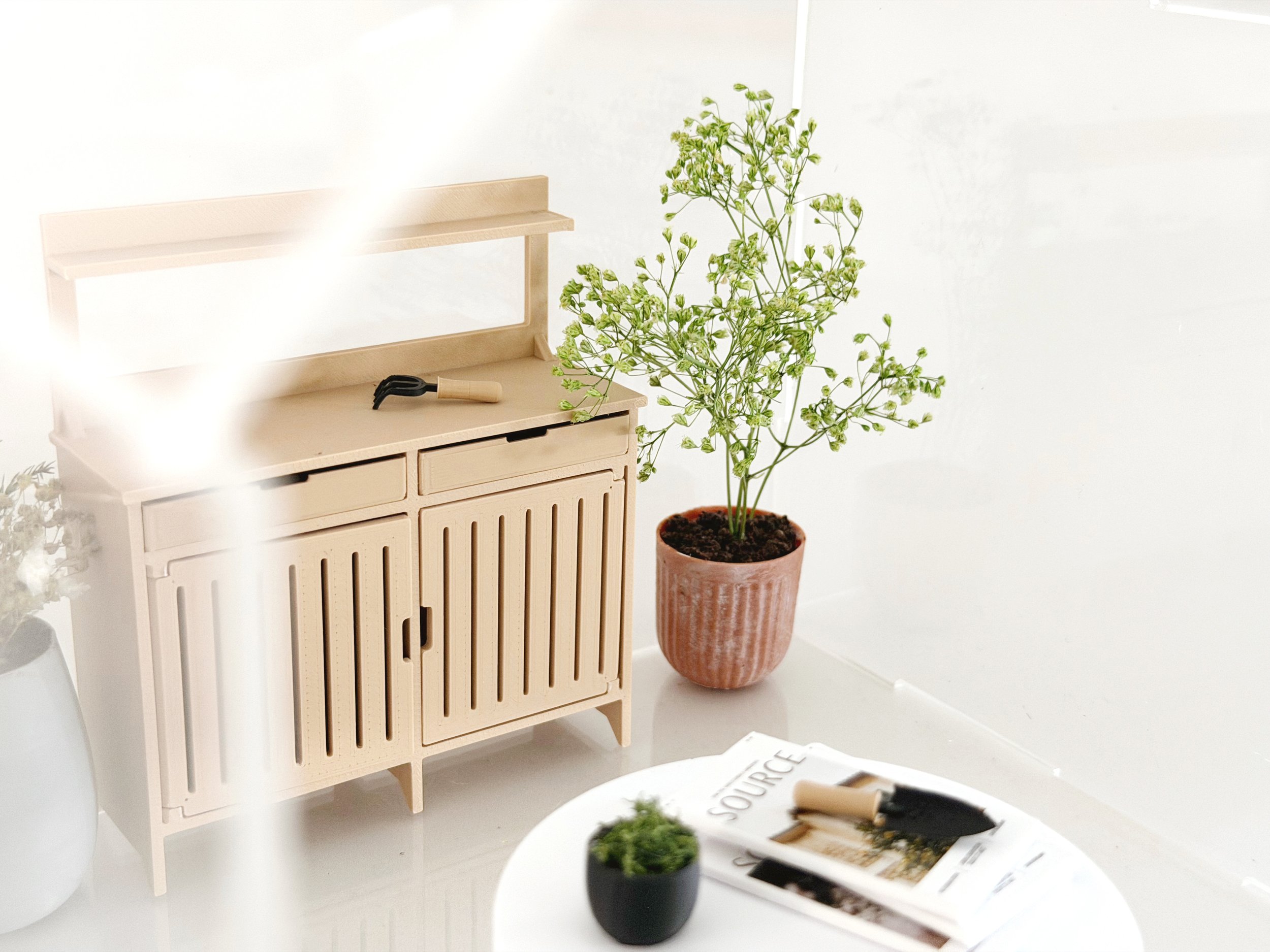 Miniature moss bowl decorative accent in dollhouse interior