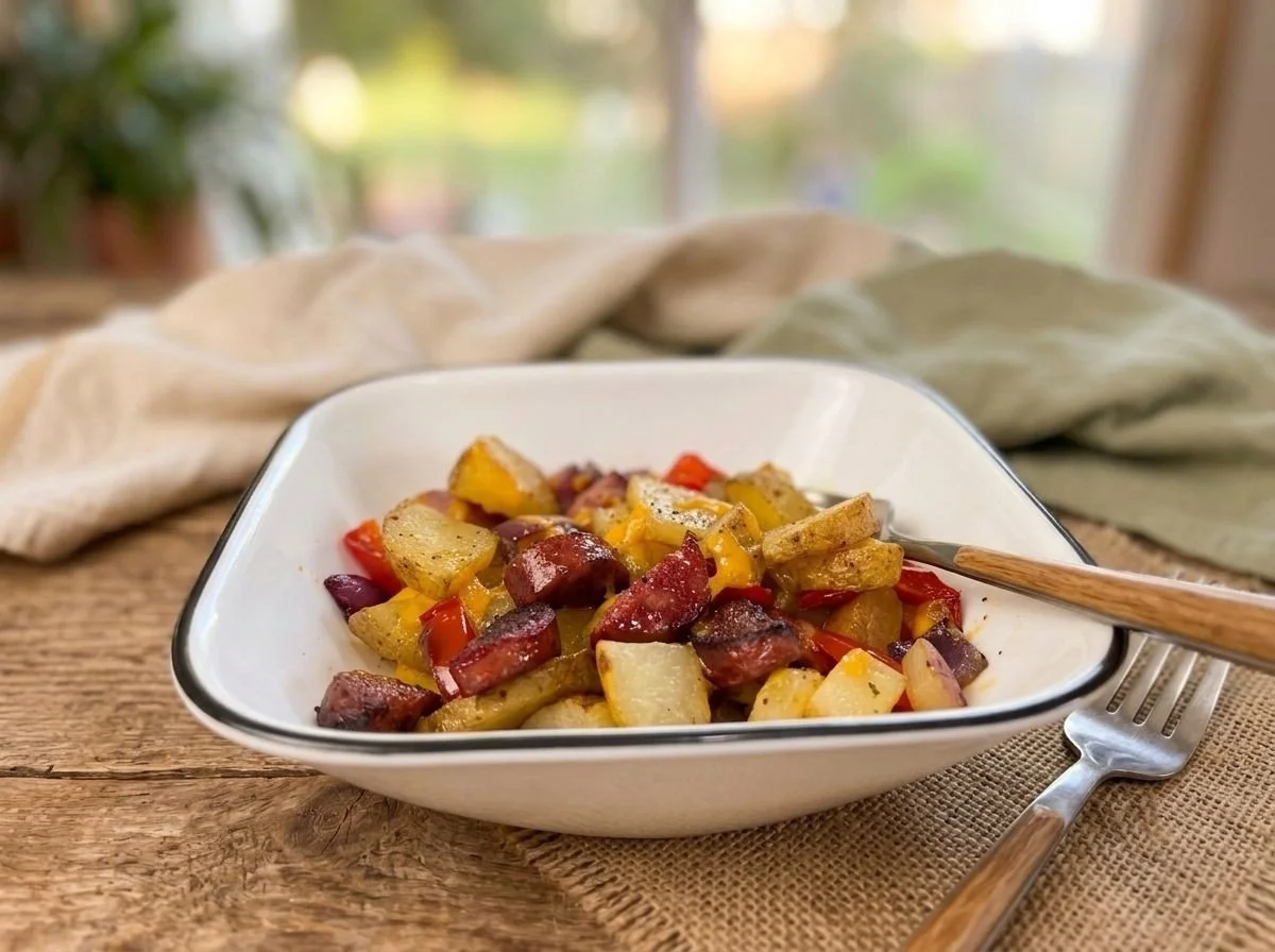 Finished dish of One-Pan Potatoes and Sausage, topped with melted cheese.