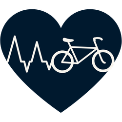 A blue heart with a white bicycle and a heartbeat line inside.