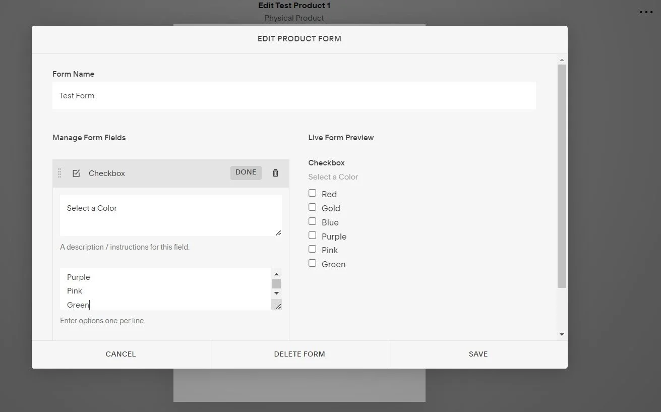 adding a mandatory form for Squarespace checkout