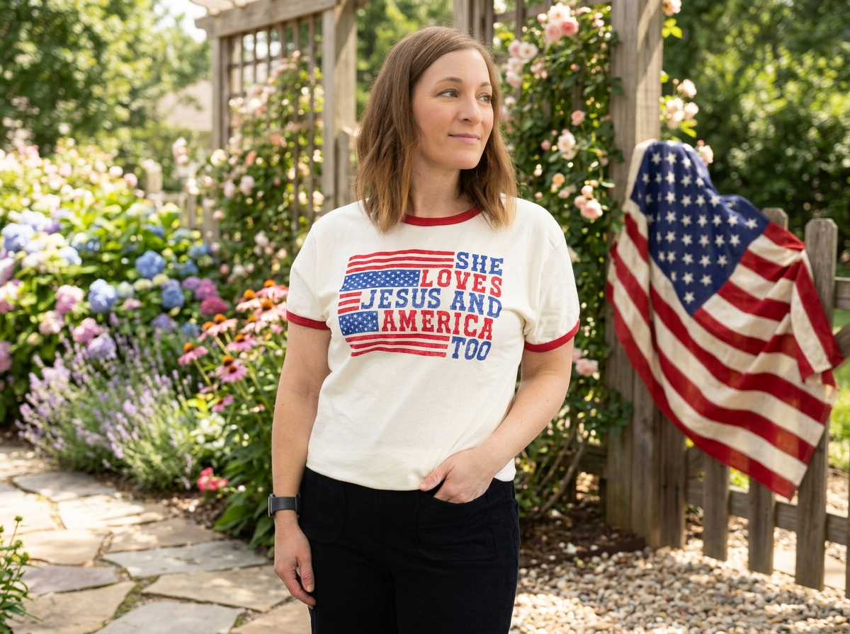 patriotic tee worn by woman in park with flowers and flag.