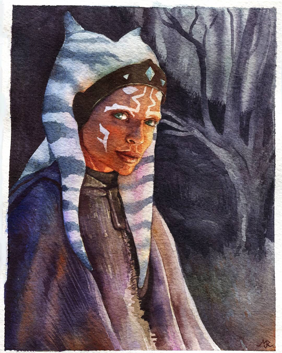 Ahsoka art!

This was one of the darkest scenes I've ever painted with watercolor, it was a fun challenge! I exhausted nearly an entire half-pan of moon glow on the background 😅

I really hope we see more of her, perhaps a meeting with LUKE?!?! In t