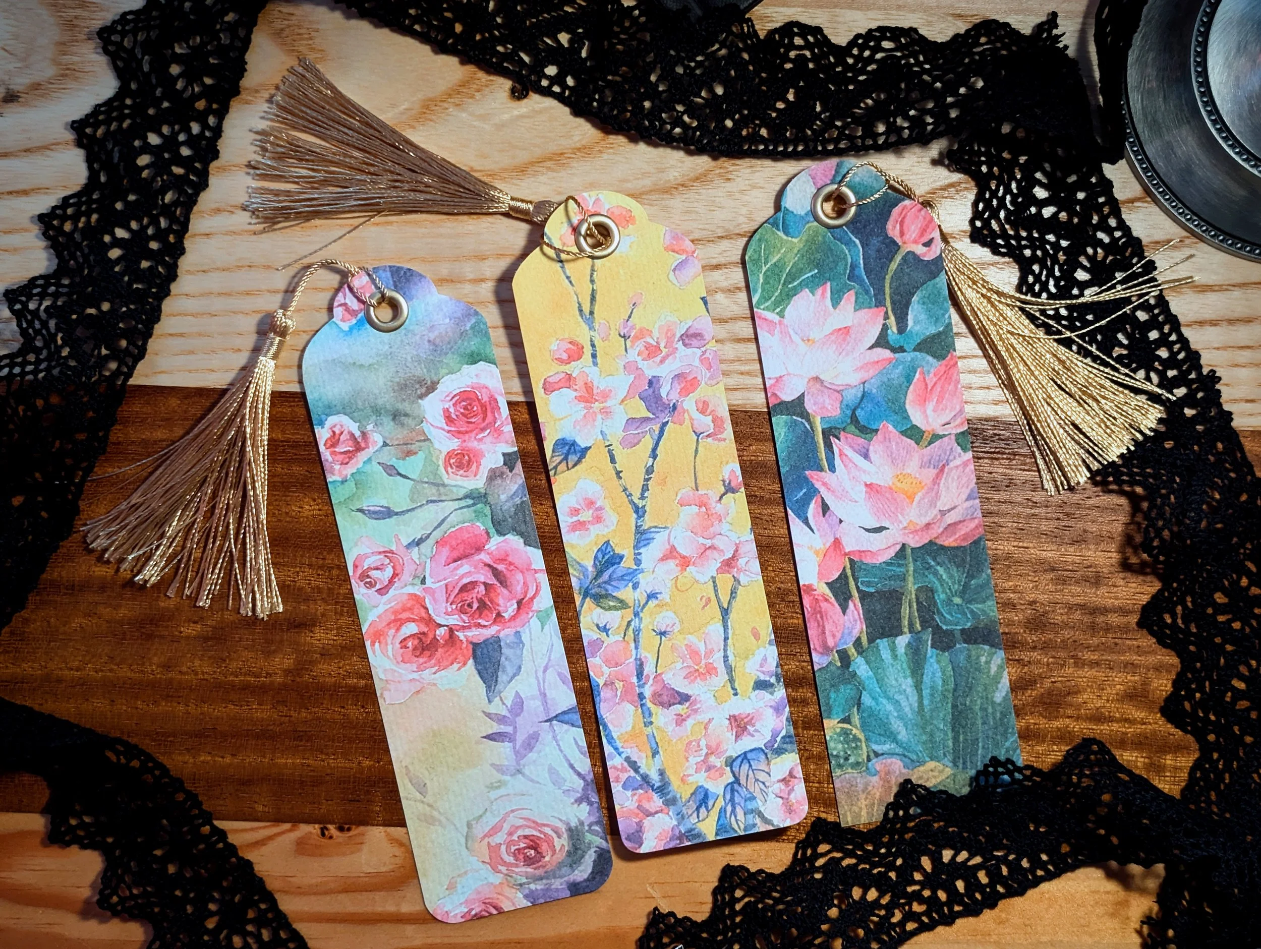 Handmade Floral Watercolor Bookmark Prints with Gold Tassels