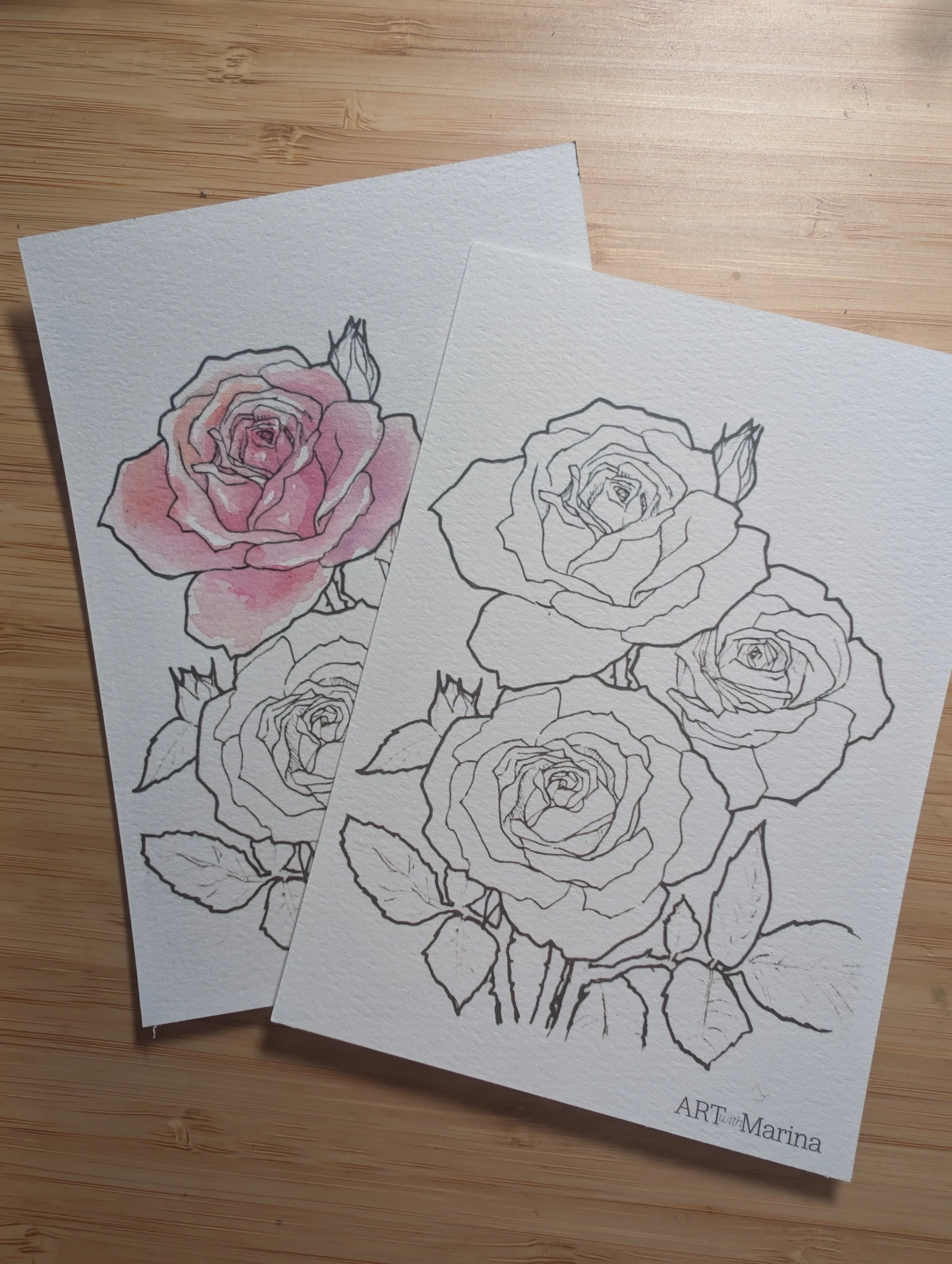 Rose Floral Watercolor Coloring Postcard (DIY Deluxe Adult Coloring sheet)