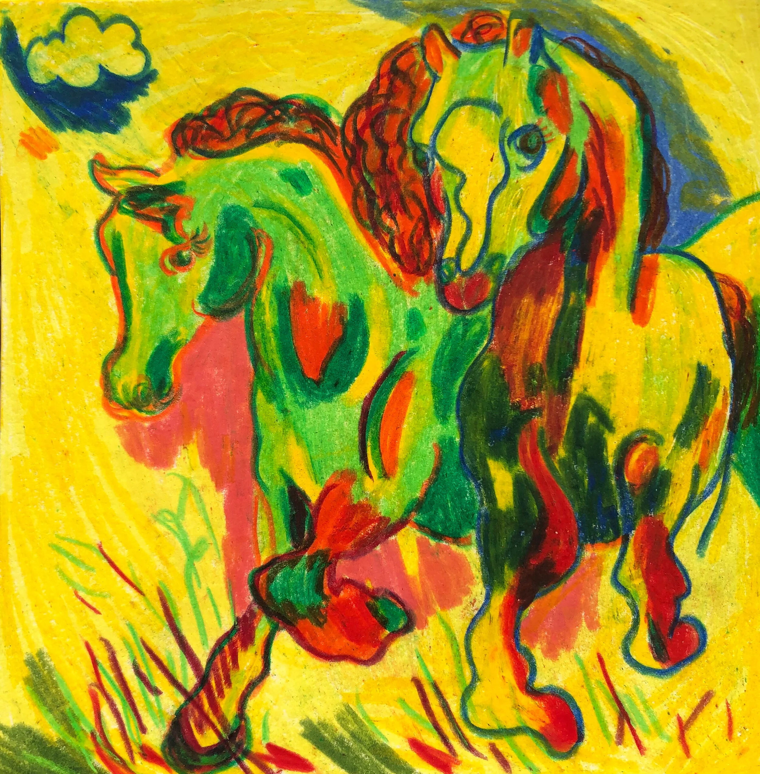 Gallop Girls #1, 6 x 6", watercolor pencil on paper, 2020