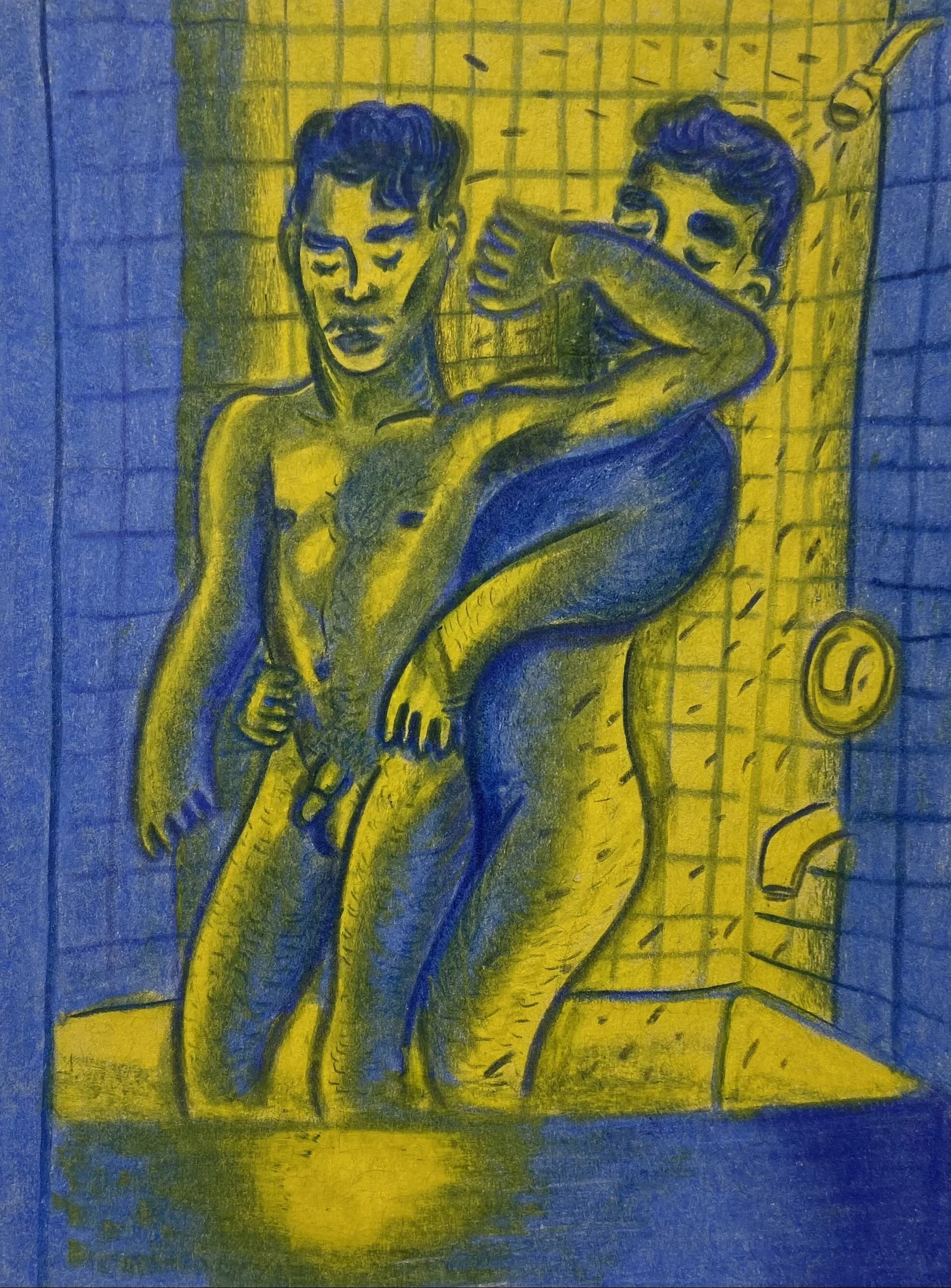 Shower Time, 4.5 x 6", watercolor pencil on paper, 2020
