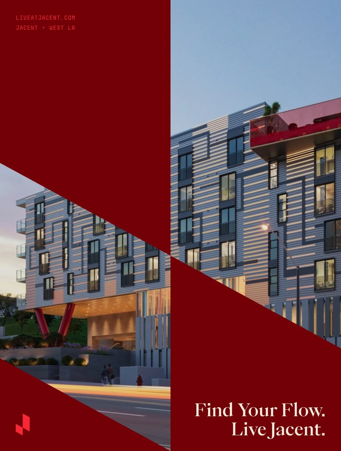 After establishing the Jacent identity&rsquo;s connection to the building through the use of sharp angles and red accents, we continued exploring how that relationship could evolve. This meant using the logo&rsquo;s angles to frame and reveal images,